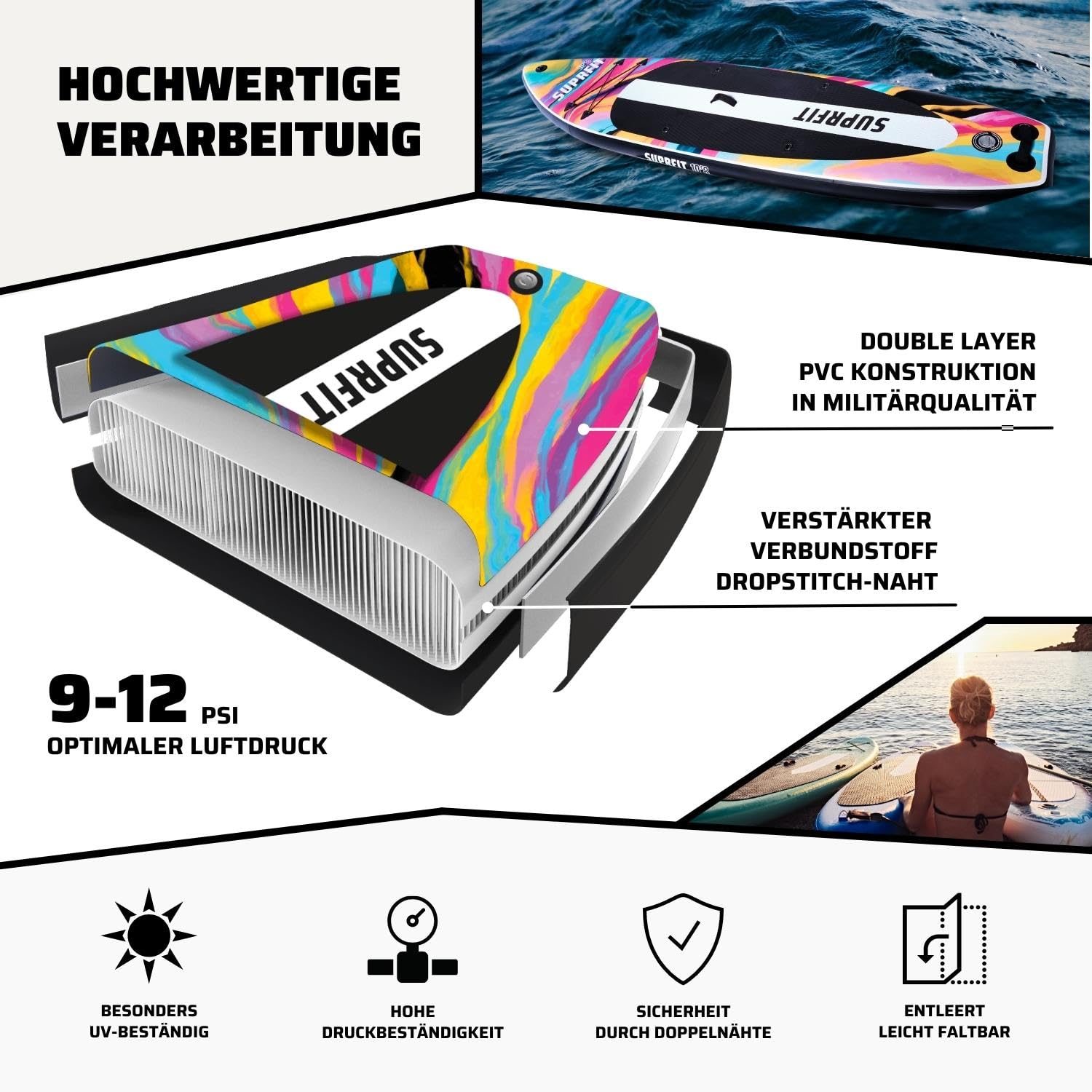 SUPRFIT Stand Up Paddling Board, nadmuchiwana, kompletny zestaw, deska do wiosłowania Stand Up z podwójną warstwą PCW, do paddleboardingu stojącego, maks. 150 kg