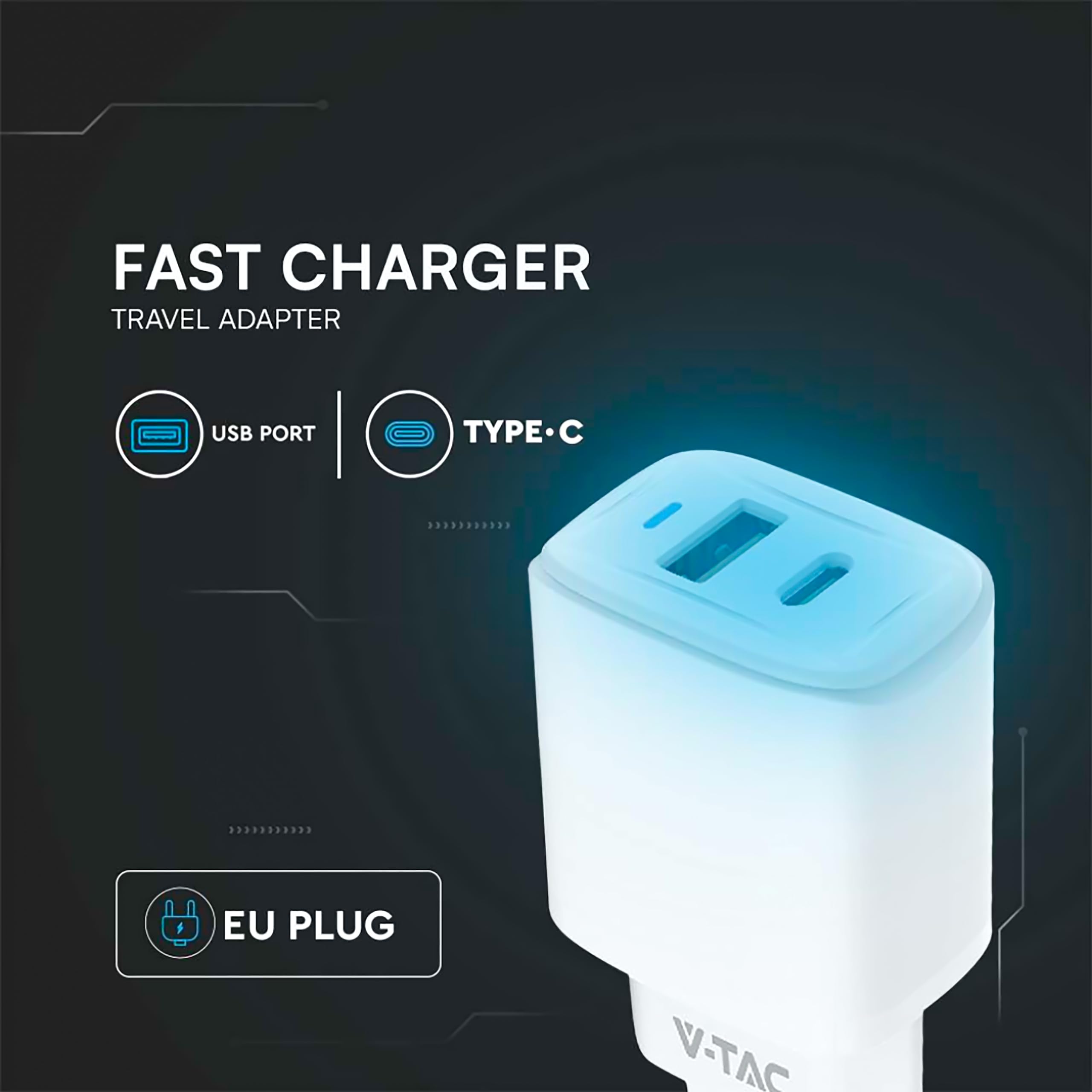 V-TAC Caricatore Rapido USB-C 20W per Iphone e Samsung – [SUPER PICCOLO] - per Smartphone e Dispositivi – 2 Porte: Type C + USB A - Compatibile Iphone 14/15/16/17 PRO/MAX e Galaxy S25 / S26 / A56