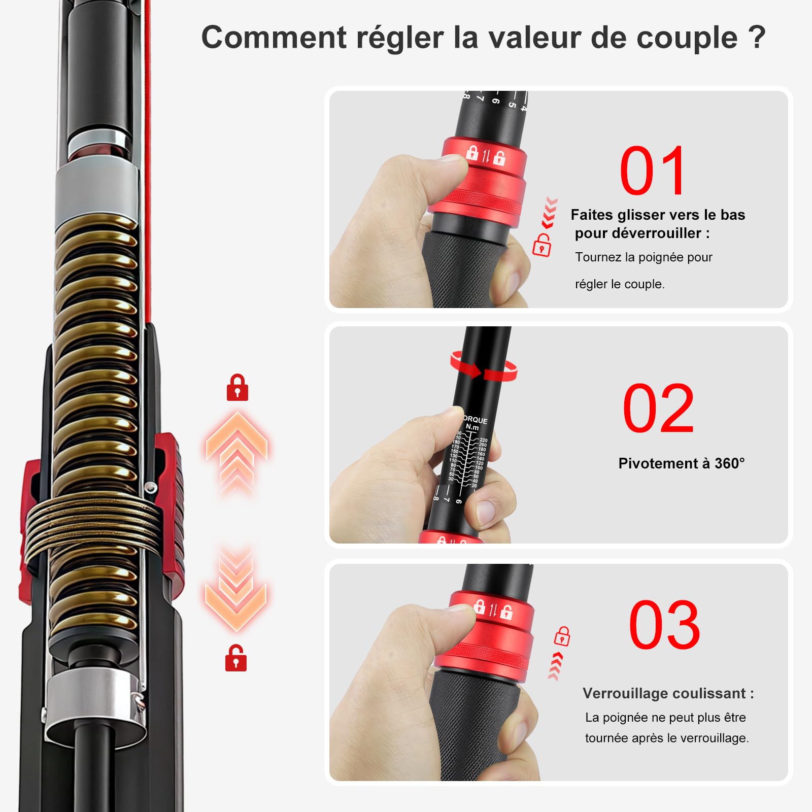 ATsafepro Clé Dynamométrique 1/2" 20-230 Nm Avec Adaptateur 1/2" Vers 3/8", Précision ±3%, Pour Voiture, Moto, Camion