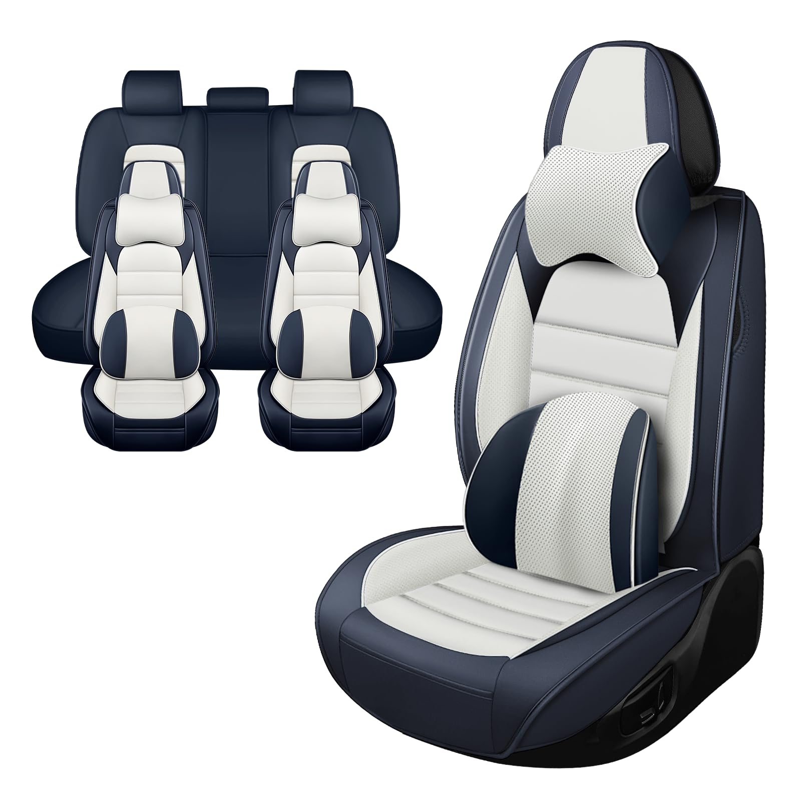 Iceleather Luxury Car Seat Covers for Mercedes-Benz GLE 350 2017-2025,Waterproof Soft Breathable PU Leather Seat Cover with Storage Pockets(Blue&White