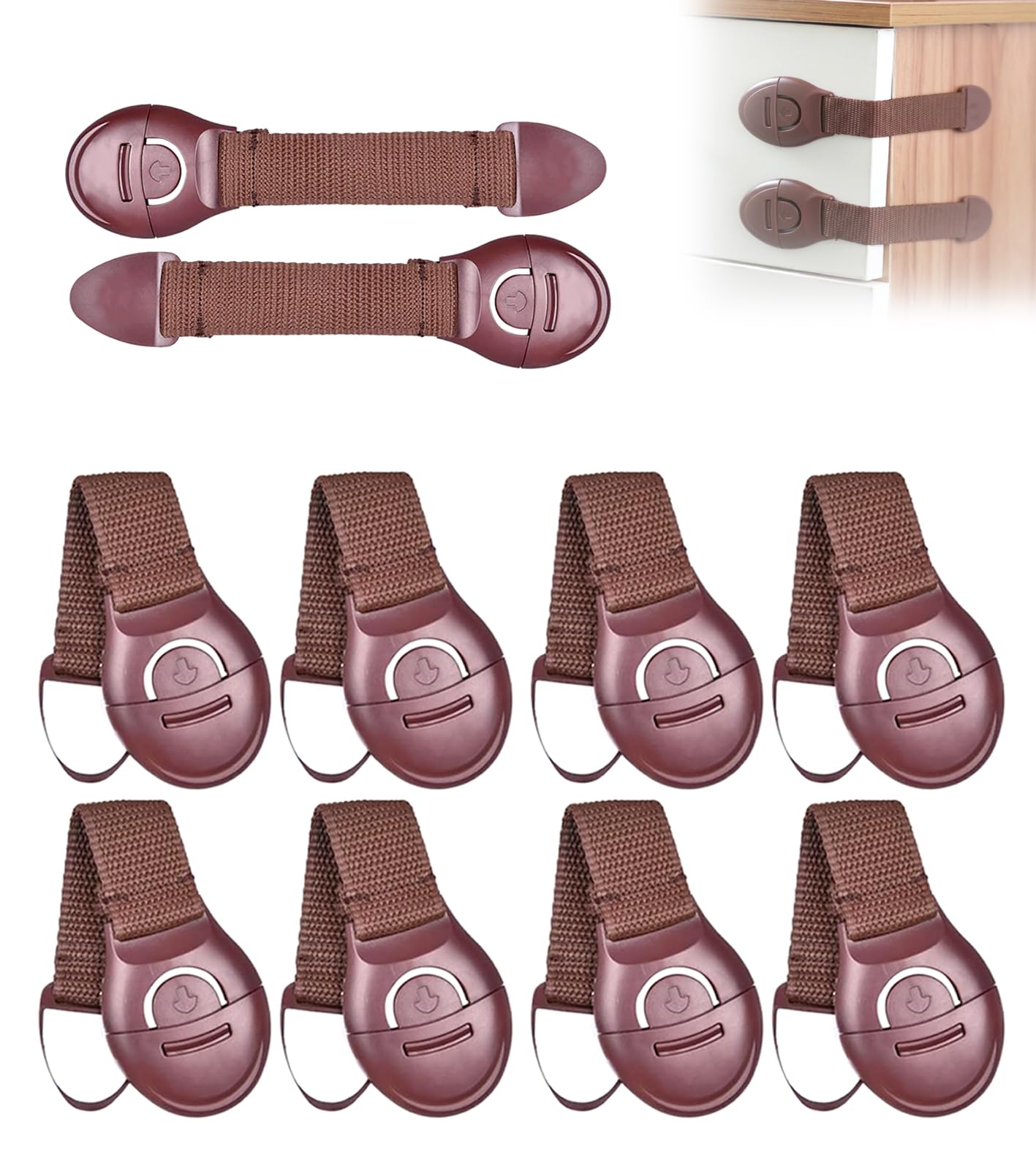 GLUN® Safety Locks Drawer Belt, 10 Piece Pack, Brown Colour Table Drawer Lock Belt, Strong Adhesive Tape, Locks for Drawers, Cabinets, Fridge, Cupboard Lock-image-0