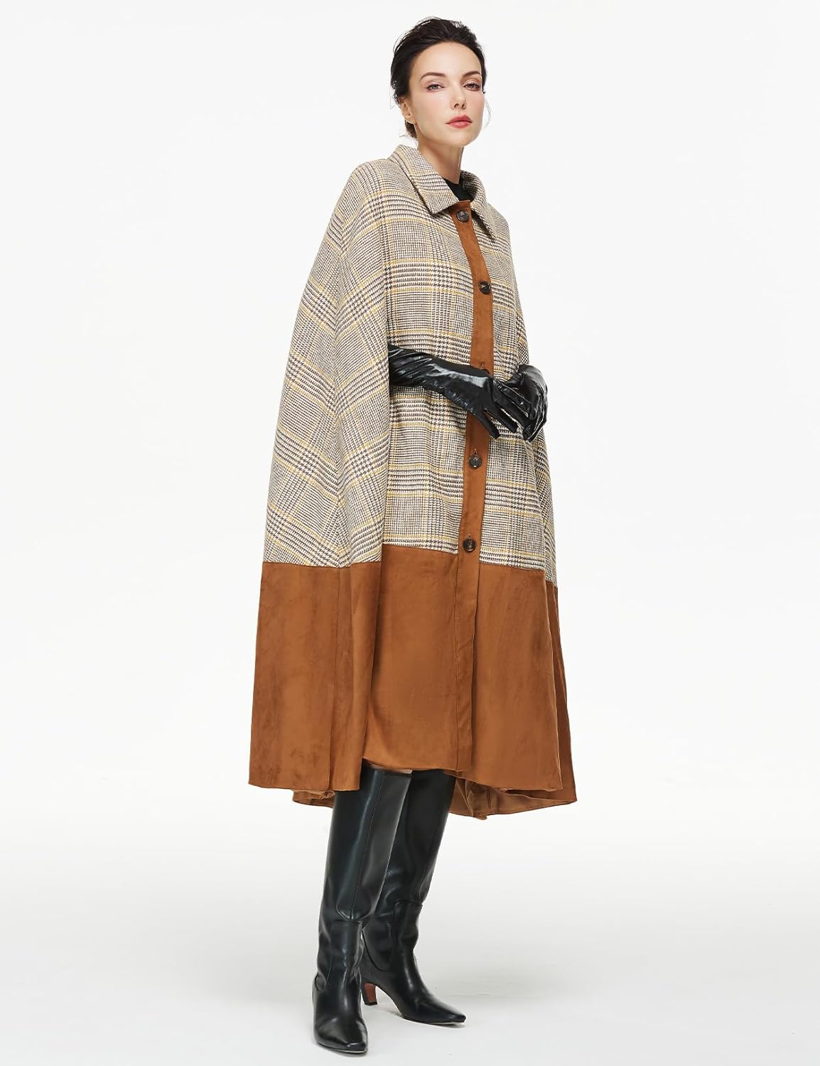 Women Vintage Wool Blend Plaid Cape Coat with Italy Leather Patchwork Design British Style for Winter Fall - Image 4