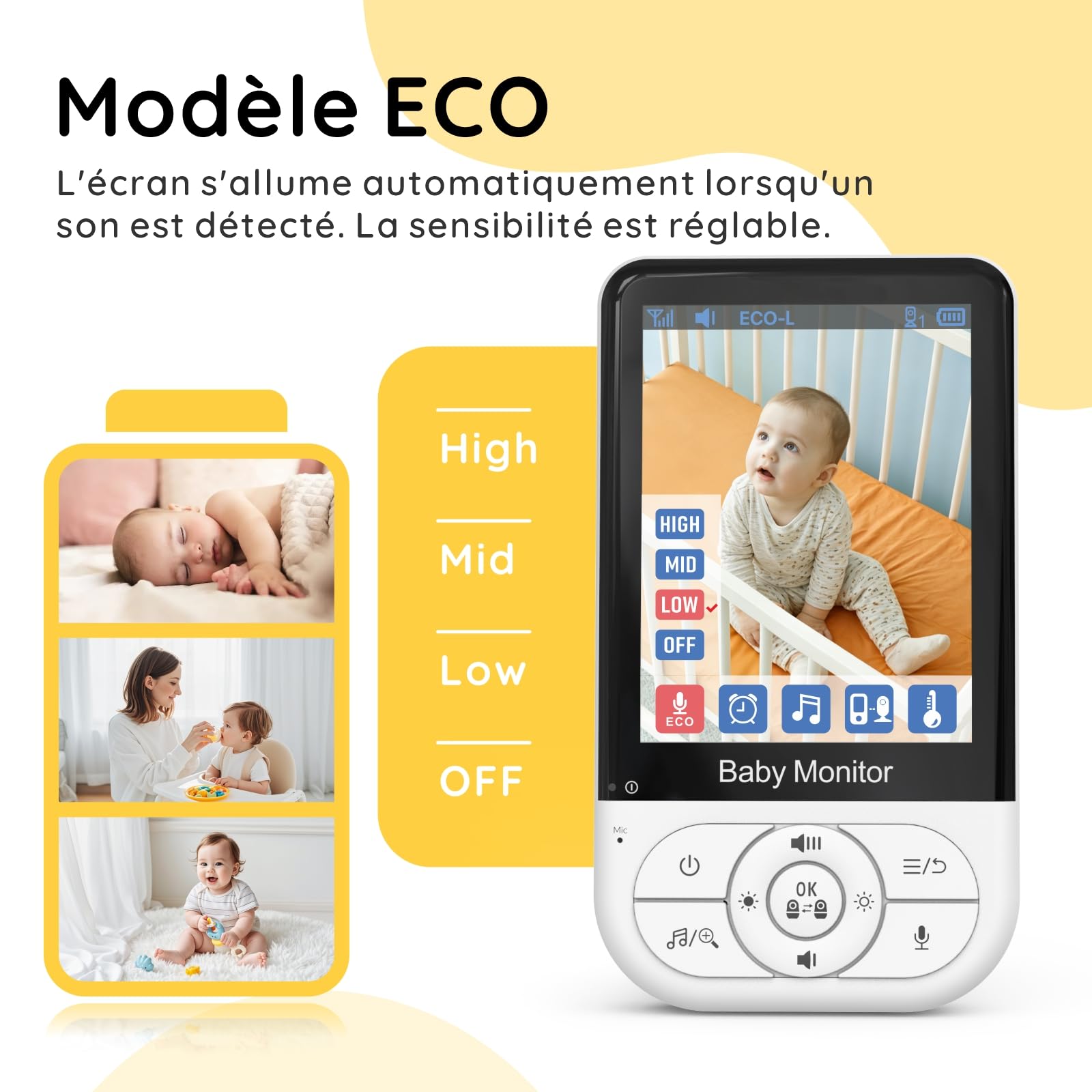 Babystar Babyphone caméra,3.2 Pouces écran LCD Moniteur bébé avec caméra et Vision Nocturne, Mode ECO, Audio bidirectionnel, capteur de température, Rappel d'alimentation, 4 berceuses