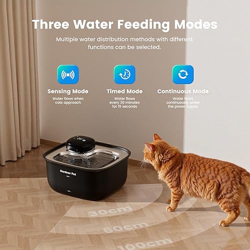 Miniatura 3 de Gardner Pet Fuente de agua inalámbrica para gatos, bandeja de acero inoxidable, fuente para gatos de 3.78 L, funciona con pilas, fuente de agua