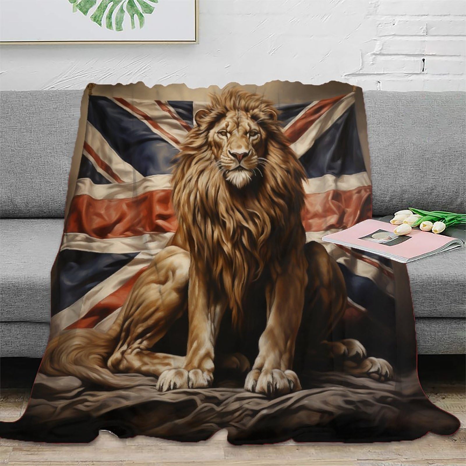 Lion 3D British Flag Pattern Fleece Throw Blanket for Sofa Couch Bed Decor Plush Blanket British Flag Style Warm Fuzzy Blanket 60x80inch(150x200cm)