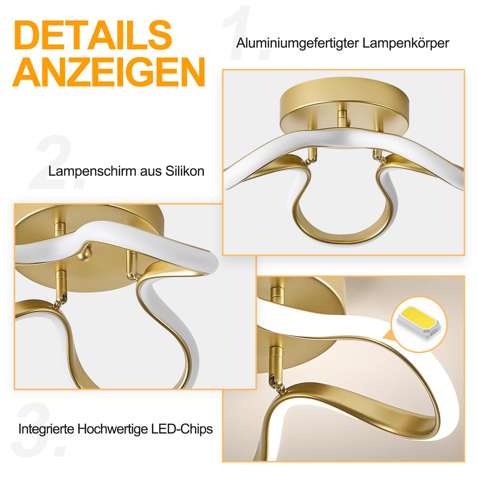 WOKNOS LED Deckenlampe 24W, 4000K Neutralweiß, 31cm Moderne Gold Aluminium Deckenleuchte,CE-zertifiziert, für Schlafzimmer, Wohnzimmer, Flur, Küche, Waschküche