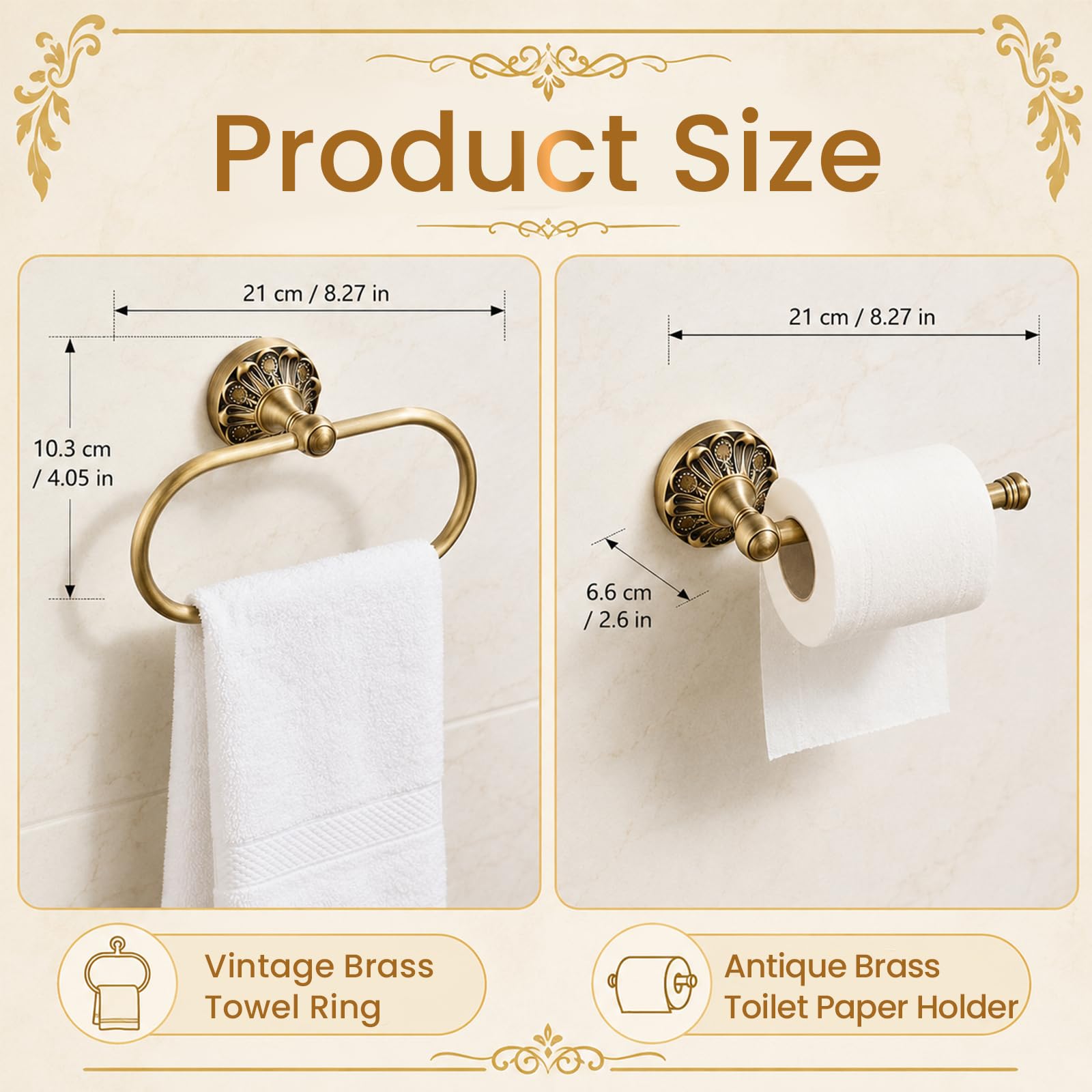 Antique Toilet Paper Holder 2 Pcs Gold Brass Hand Towel Ring Vintage Tissue Roll Set, Wall Mounted Bathroom Paper Hanger Hardware Decor Accessories(Oval) — Amazon image 5