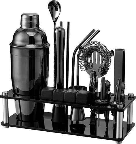 Miniatura 1 de HBlife Juego de coctelera de 22 piezas con soporte accesorios de barra de acero inoxidable que incluyen coctelera de 25 onzas 4 piedras de whisky