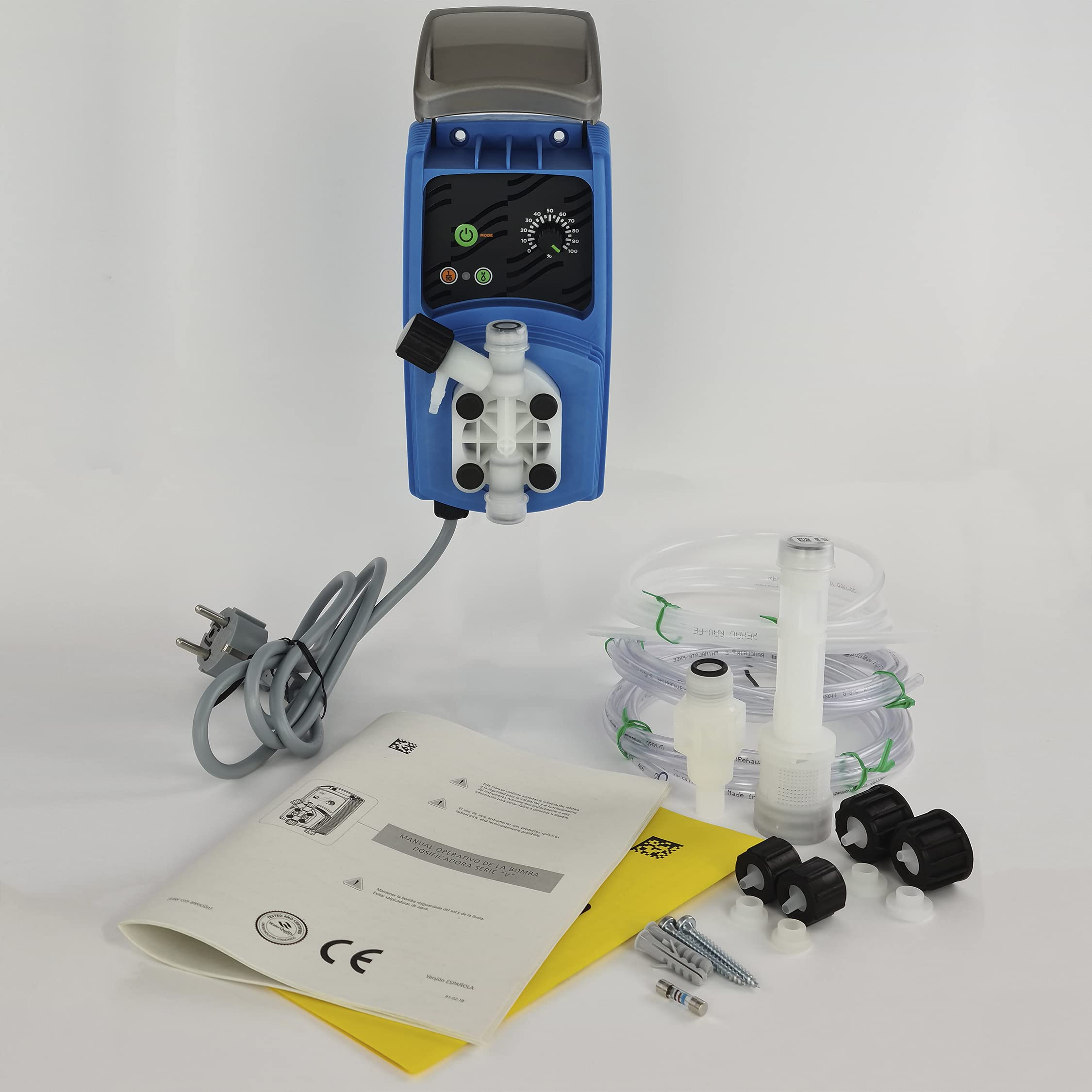 Bomba dosificadora de impulsos electromagnética de membrana con caudal constante. Hasta 6 L/H. 7 Bares de presión. Para su uso en piscinas, saunas, autolavados. Azul