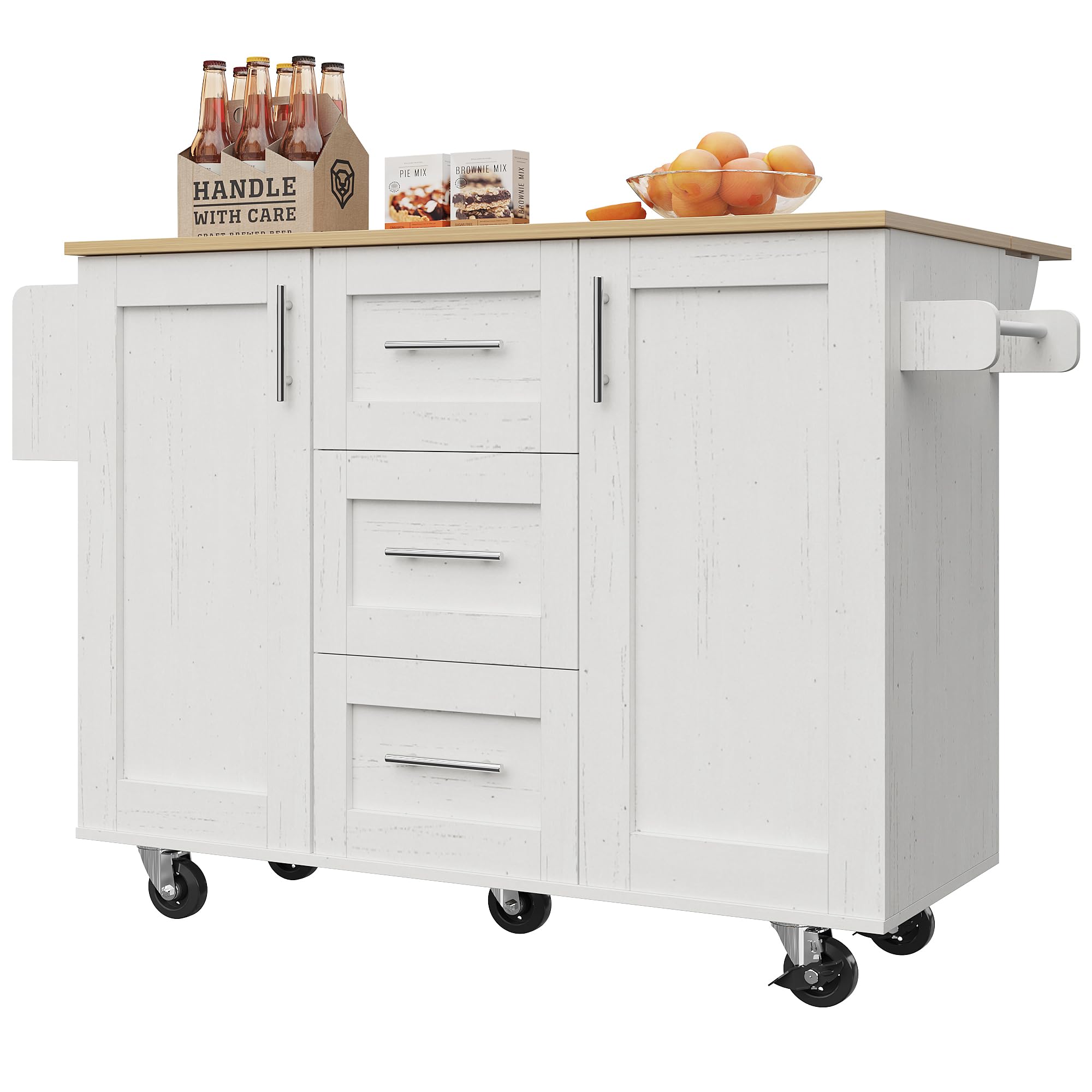 KAZZIO Isla de cocina, separadores extraíbles, ruedas extraíbles como armarios de cocina, carrito de comedor con encimera, armario buffet, carrito de comedor con vetas de madera, con ruedas (blanco)