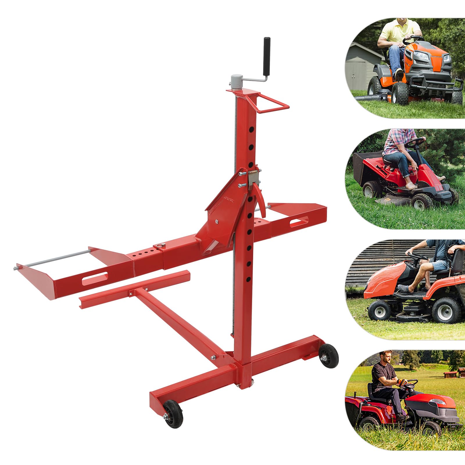 Elevador de cortacésped ajustable, herramienta de elevación de cortacésped con base resistente y 2 ruedas, elevador de cortacésped de acero al carbono independiente para levantar y reparar tractores