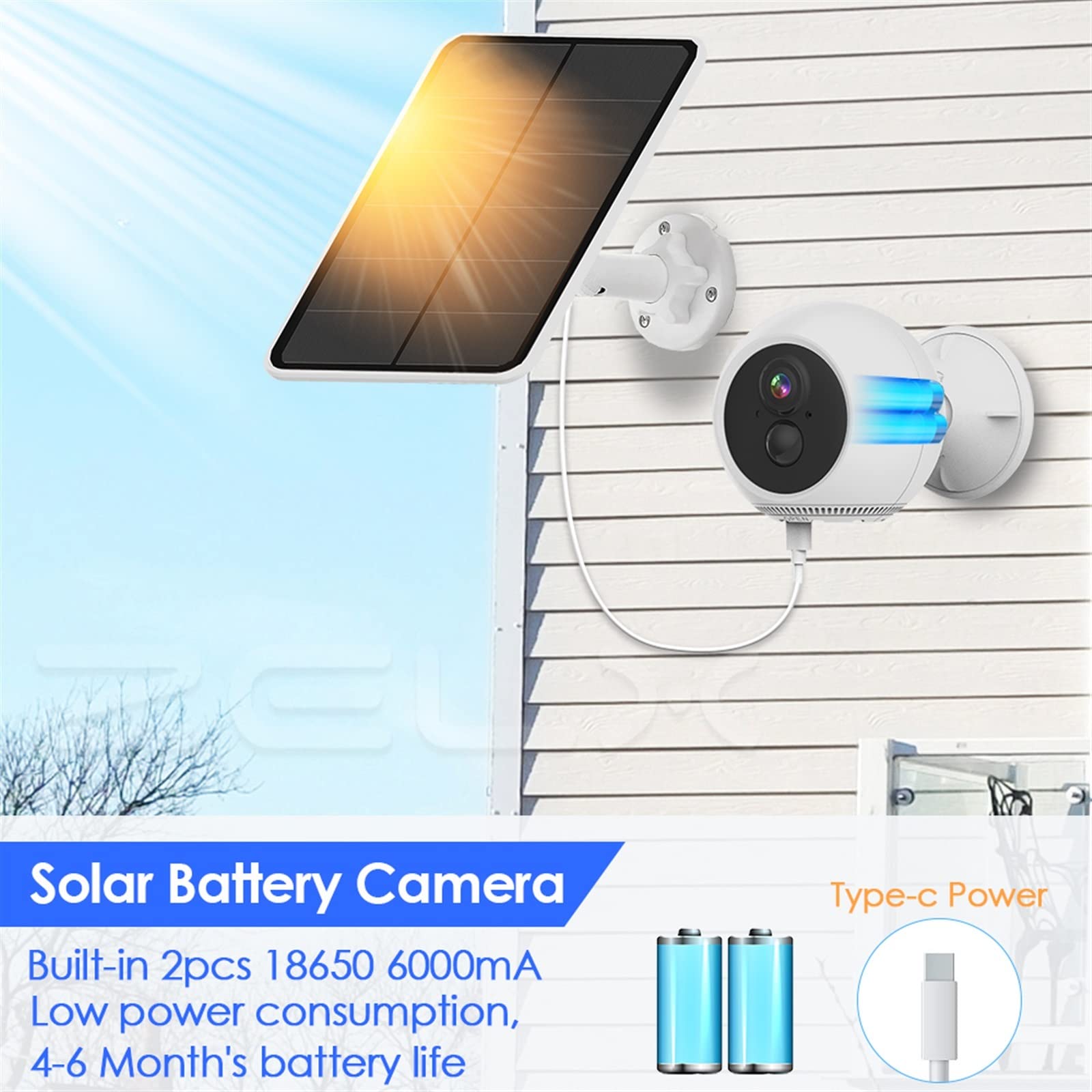 Telecamera Wifi Esterno, Telecamera IP wireless da 3 MP Batteria ricaricabile esterna da 6000 mAh Pannello panoramico da 150 gradi Solar Cam PIR Motion IP66 ,Sicurezza, Antifurto(Solar Cam Add 128G)