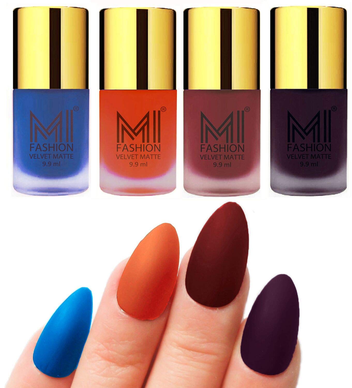 MI FASHION Highly Pigmented Velvet Matte Nail Paint Set Effortless Matte Top Colour 9.9ml Navy Blue, Orange, Maroon, Dark Purple (Pack Of-4)-image-47