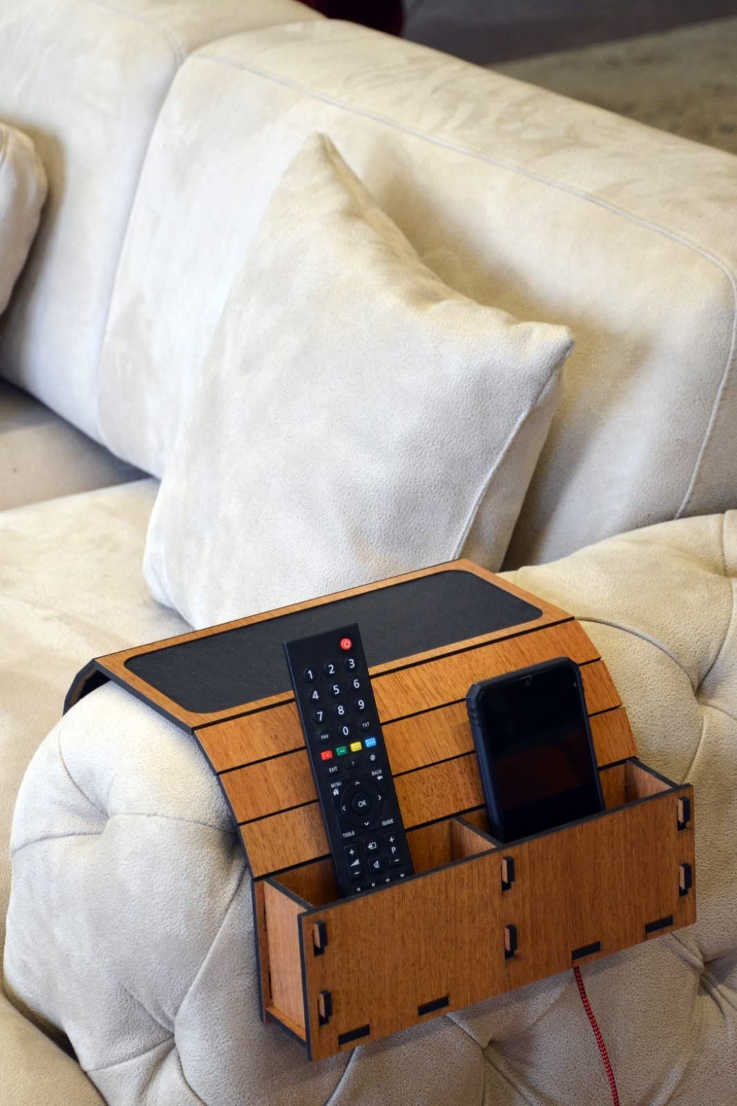 Couch Arm Tray with side pocket - Wallnut color