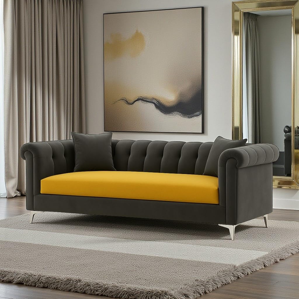 Loveno 3 Seater Sofa Set | Soft Velvet Suede Fabric | Modern Design Sofas | Plush Comfort Cushions for Living Room (Yellow-Grey) Loveno 3 Seater Sofa Set | Soft Velvet Suede Fabric | Modern Design Sofas | Plush Comfort Cushions for Living Room (Yellow-Grey)