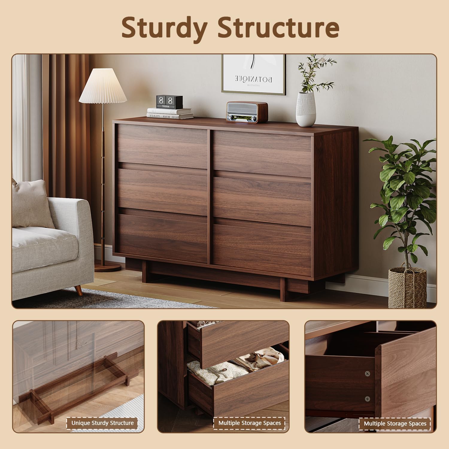 Walnut Dresser for Bedroom with 6 Drawers,47" Wide Modern Dressers Chest of Drawers,Sturdy Base,Minimalist Linear Design,Wooden Closet Clothes Organizer for Bedroom,Hallway,livingroom