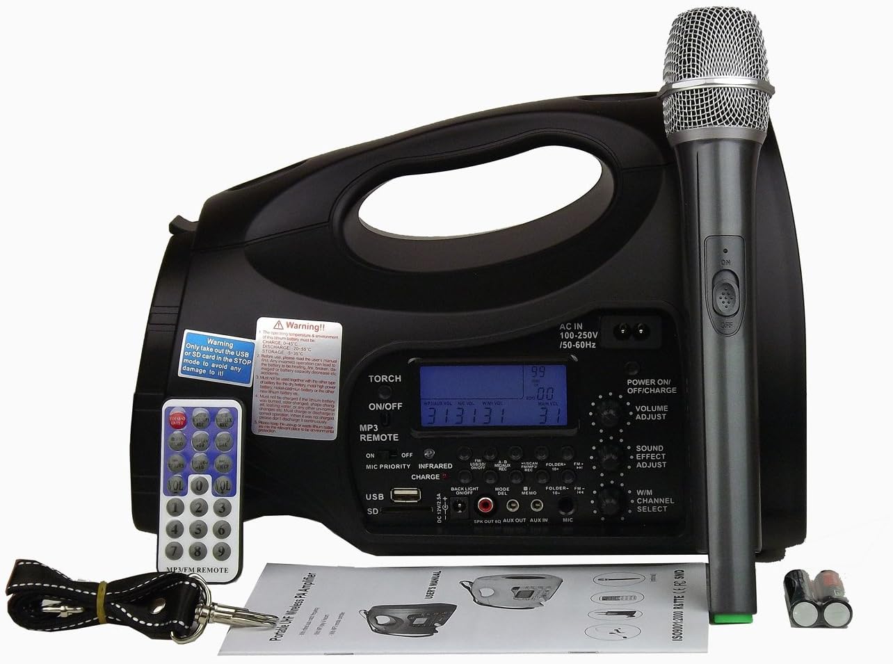 Hisonic SH-227 Rechargeable Portable PA System with Built-in Lithium Battery, 100-channel UHF Wireless Microphone, Music Player with Voice Recorder, FM Radio, 65 Watts, Color Black, Remote Control Included