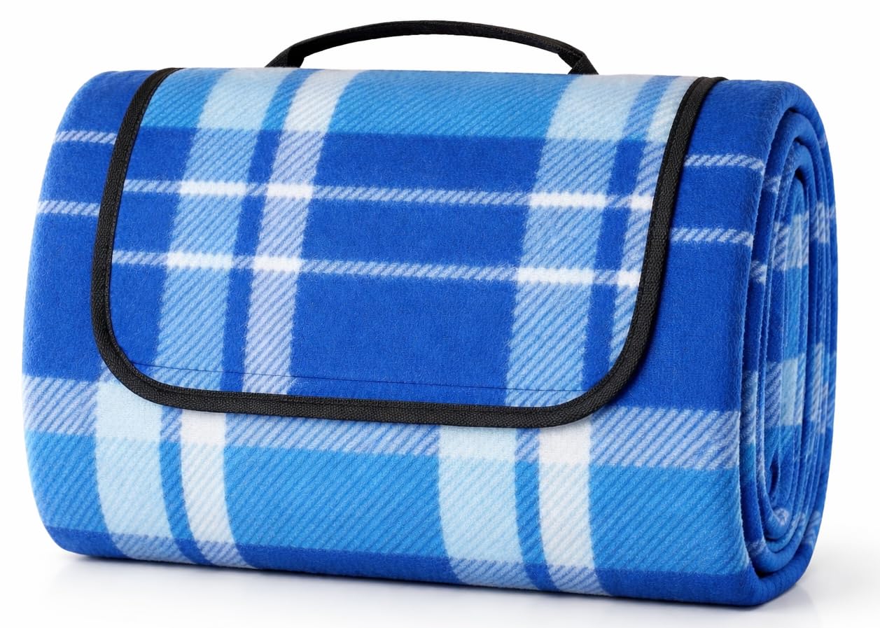 Adore Home 150x200cm Extra Large Outdoor Picnic Blanket with Waterproof Reverse and Soft Fleece Top, Blue Check
