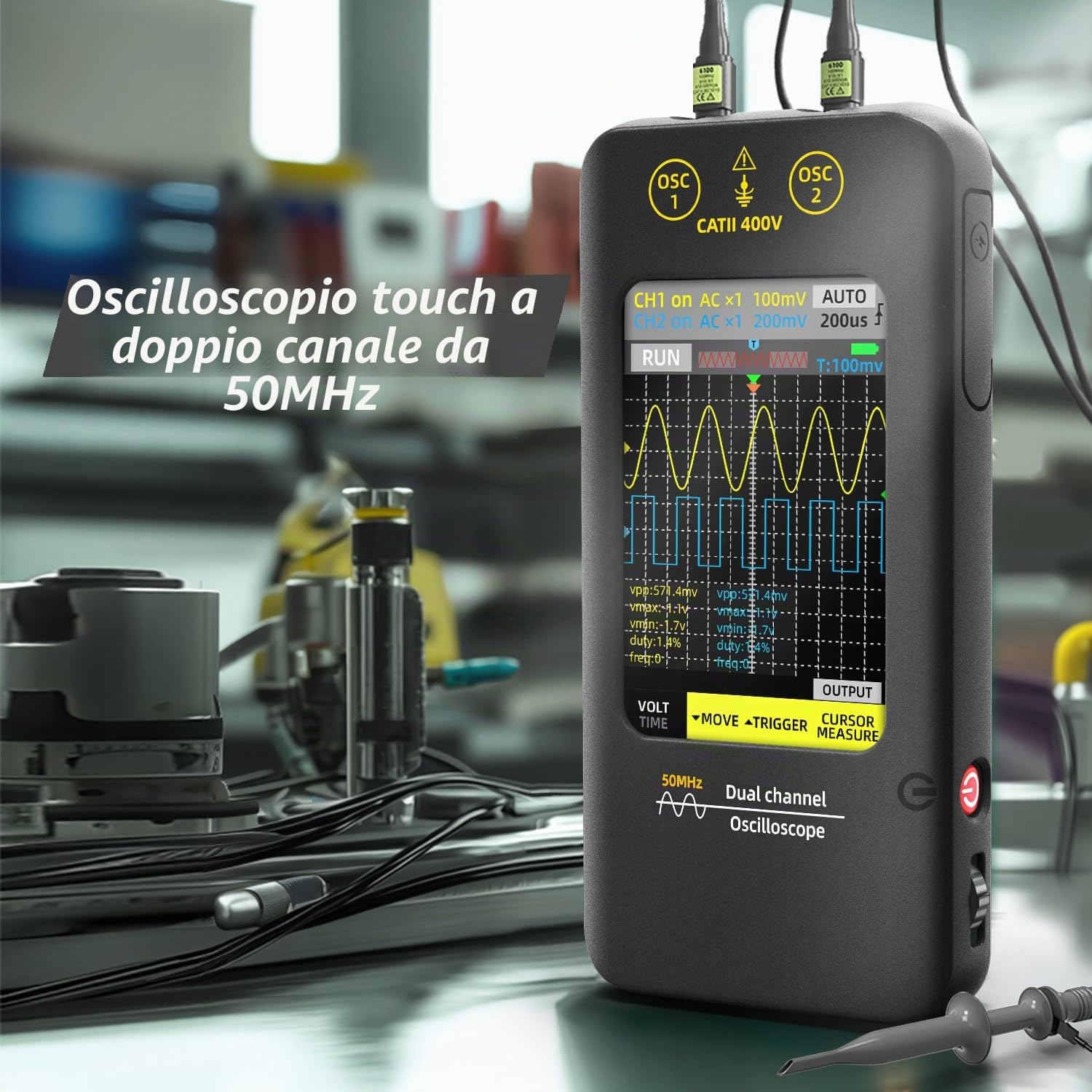 BSIDE Oscilloscopio a 2 canali 50MHz Larghezza di banda Oscilloscopio digitale 3,98'' Touch Screen Oscilloscopio portatile Generatore di segnale 250 MSa/s Frequenza di campionamento