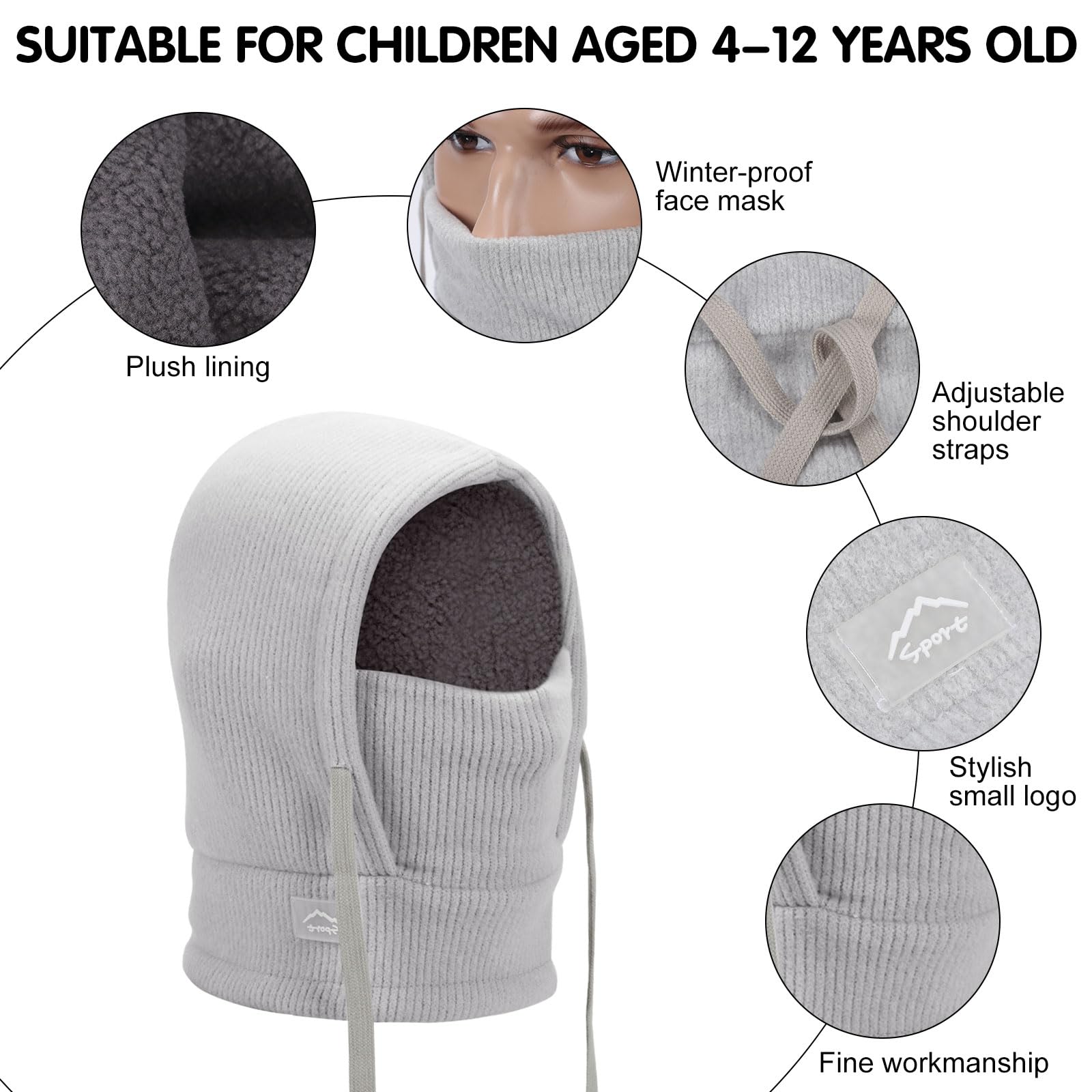 Mayoii Children's Winter Thermal Balaclava, Multifunctional Windproof Ski Mask, Warm Knitted Fleece Hat Hood, Neck Scarf for Boys Girls 4-12 Years