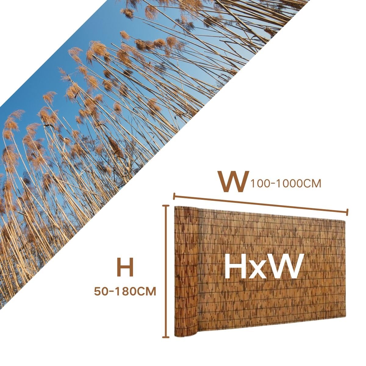 Valla de bambú natural de 50 a 170 cm, tejida a mano, para jardín, exterior, persiana decorativa para ventana, pantalla de lectura dividida (90 x 350 cm)