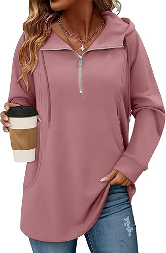onlypuff Women Hoodie Pullover Trendy Quarter Zipper Lapel Sweatshirts Drawstring Cute Hooded Tunic Tops with Side Pockets