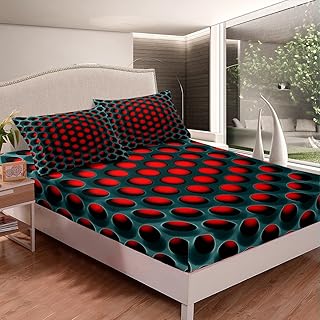 Geometric Fitted Sheet Green Red Honeycomb Bedding Sets Hexagon Beehive Fitted Bed Sheets For Kids Boys Girls Neon Lights Geometry Stereoscopic Dense Holes Bedding Decor Set 3 Pieces Queen