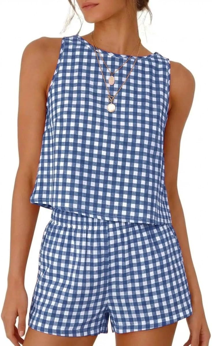 IDEALSANXUN Womens Two Piece Sets Summer Beach Spring Gingham Tank Tops and Plaid Shorts Pajama Sets