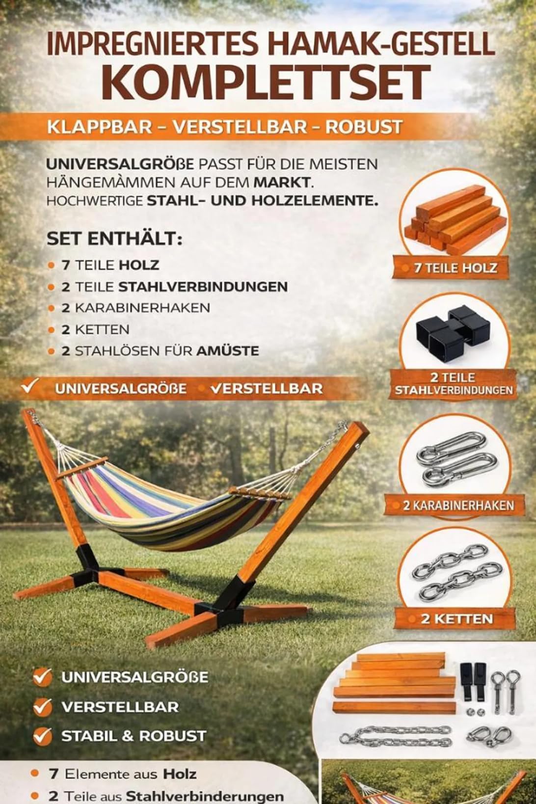 Structure de hamac en bois imprégné, pliable et réglable, kit complet, robuste et stable, 200 kg, pour 1 ou 2 personnes, se reposer partout sur un hamac confortable 65 x 65 mm