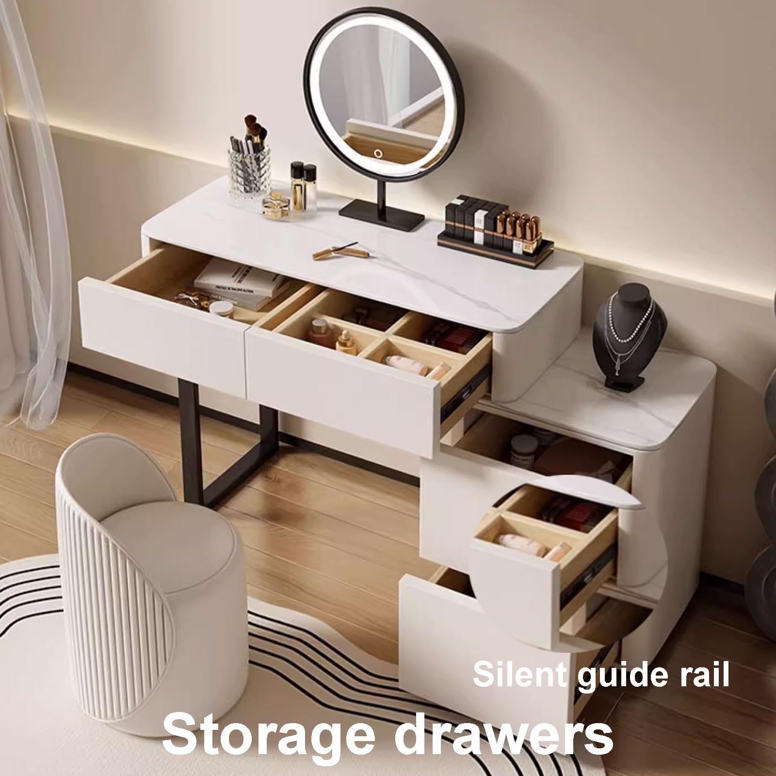 Tavolo da Trucco Illuminato con Specchio e Contenitore, Design in Ardesia Bianca e Legno massello, 80 x 40 x 76 cm (Sedia Non Inclusa) - Perfetto per Gli Amanti della Bel