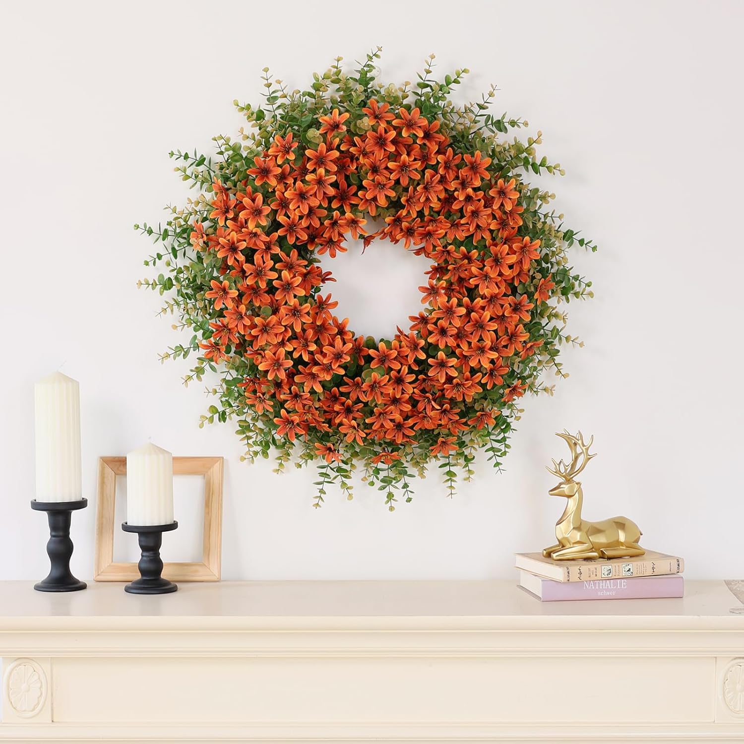 26" Fall Wreath for Front Door, Porch, Window - Large Artificial Eucalyptus Leaves with Fake Silk Flowers Outdoor Wreath Faux Boxwood for Home Farmhouse Harvest Festival Thanksgiving Day Autumn Decor