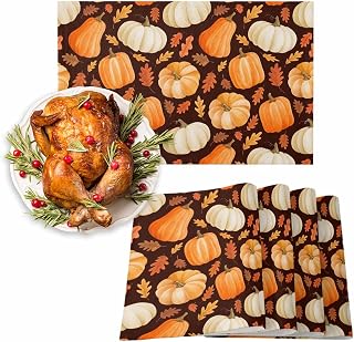 Placemats Set of 12, Farm Autumn Pumpkin on Vintage Washable Table Mats for Dining Table, Thanksgiving Fall Leaves Wipeable Place Mats for Kitchen Indoor Outdoor