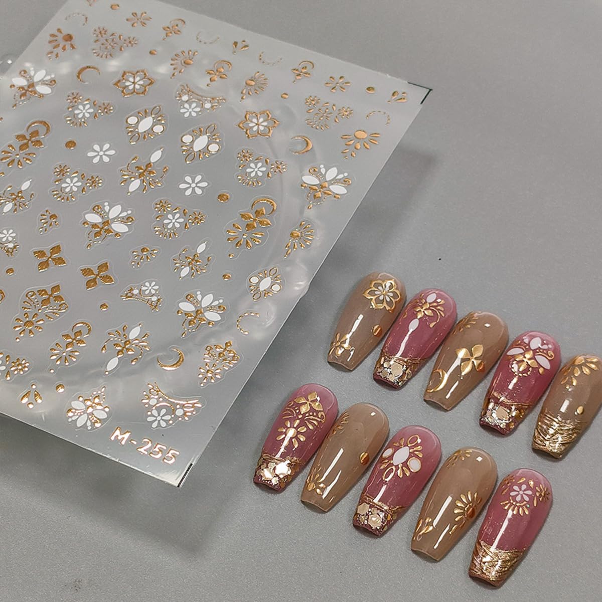Gold Nail Art Stickers Boho Nail Stickers 5D Embossed Flower Nails Designs Boho Nails Decals Self-Adhesive Nails Art Decals for Nails Decoration Supplies for Women Girls DIY Manicure