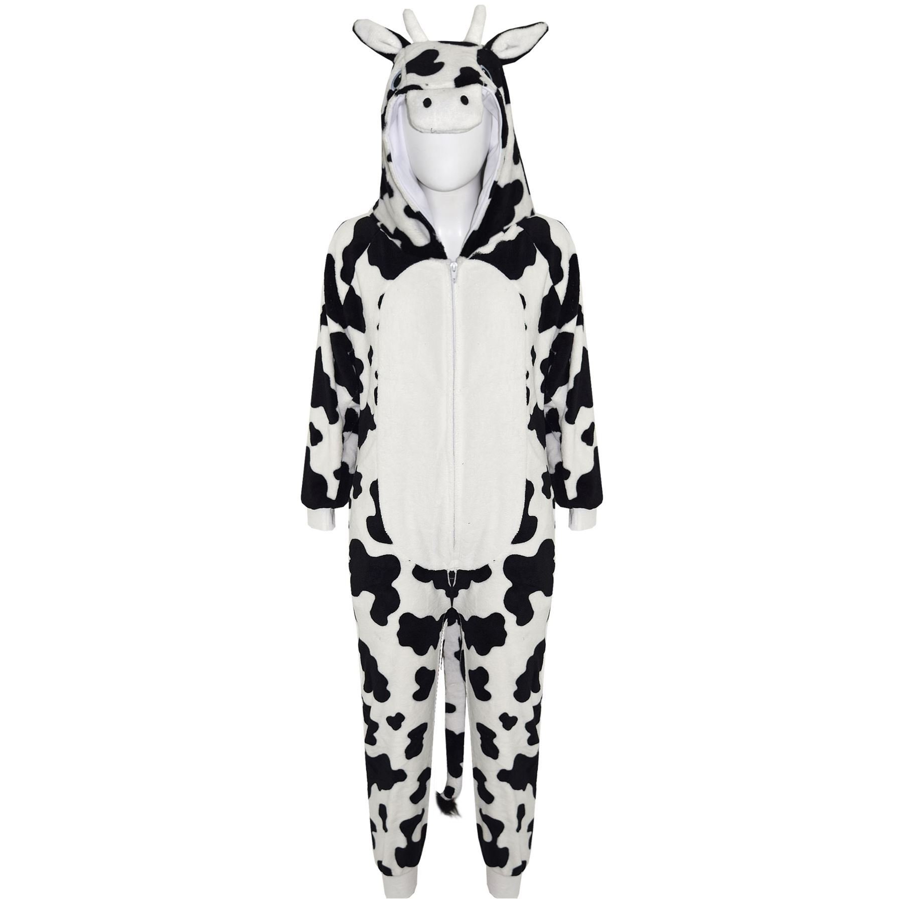 A2Z 4 Kinder Mädchen Jungen Kuh Kostüm Tier Gesicht Overall Weich Plüsch Fleece Spielanzug Kapuzen Schlafanzug Einteiler Cosplay Anzug Alles in Einem Weihnachten Pyjama Für Kind Alter 3-14 Jahre