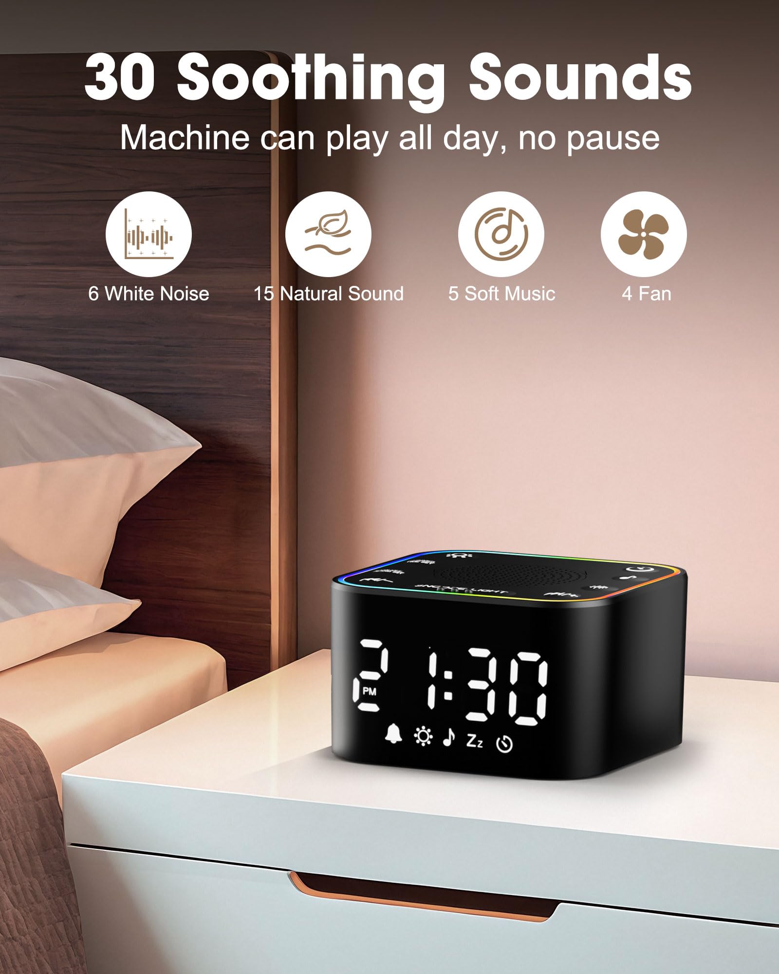 Alampan White Noise Sound Machine, Noise Machine with Alarm Clock for Sleeping, RGB Night Light, Digital Clock, Adults, for Bedside, Nightstand, with 30 Soothing Sounds Including Fan, Rain