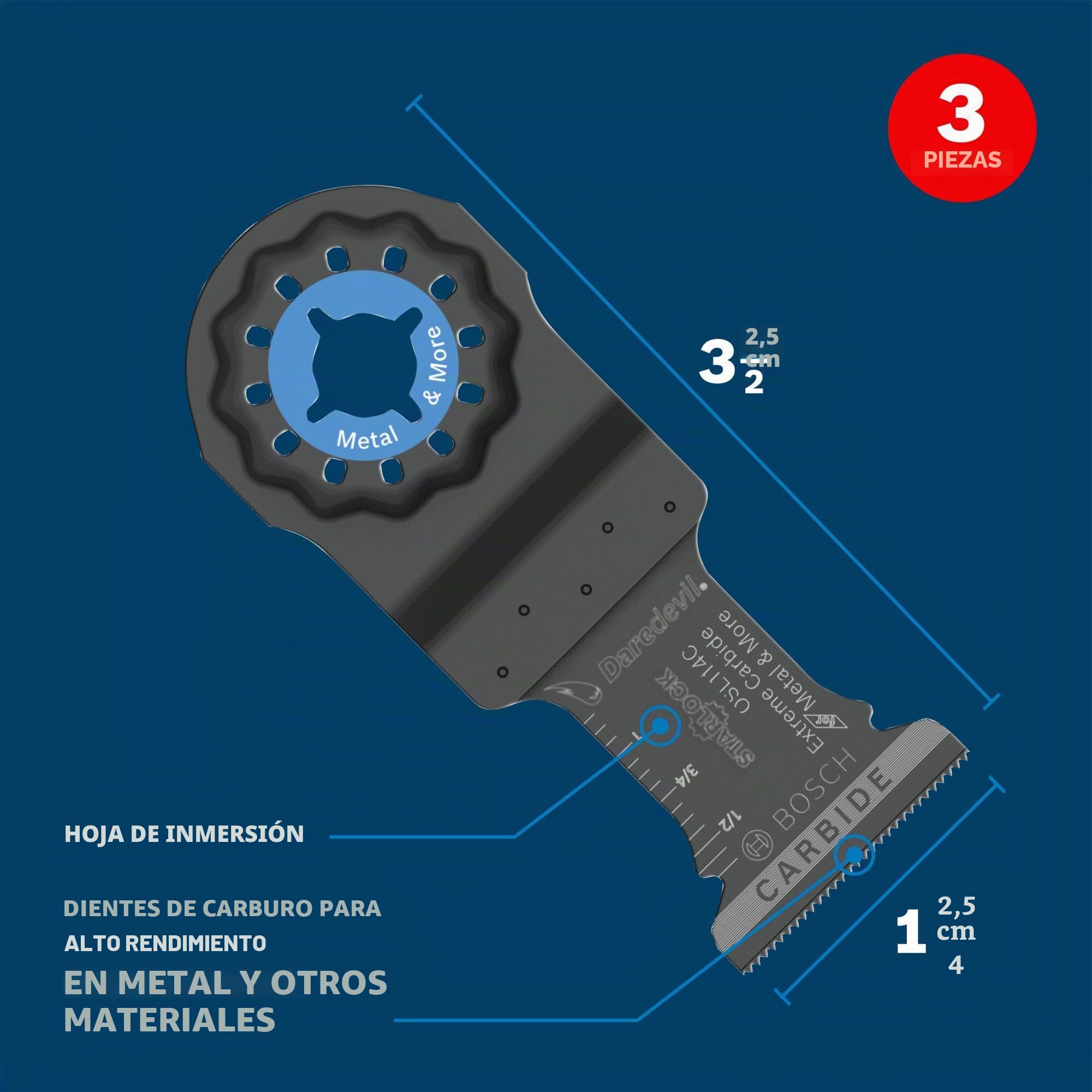BOSCH Starlock OSL114C-3 - Paquete de 3 cuchillas oscilantes multiherramienta oscilante de metal y más carburo para cortar barra de hierro, metal, madera con clavos, paneles de yeso y azulejos