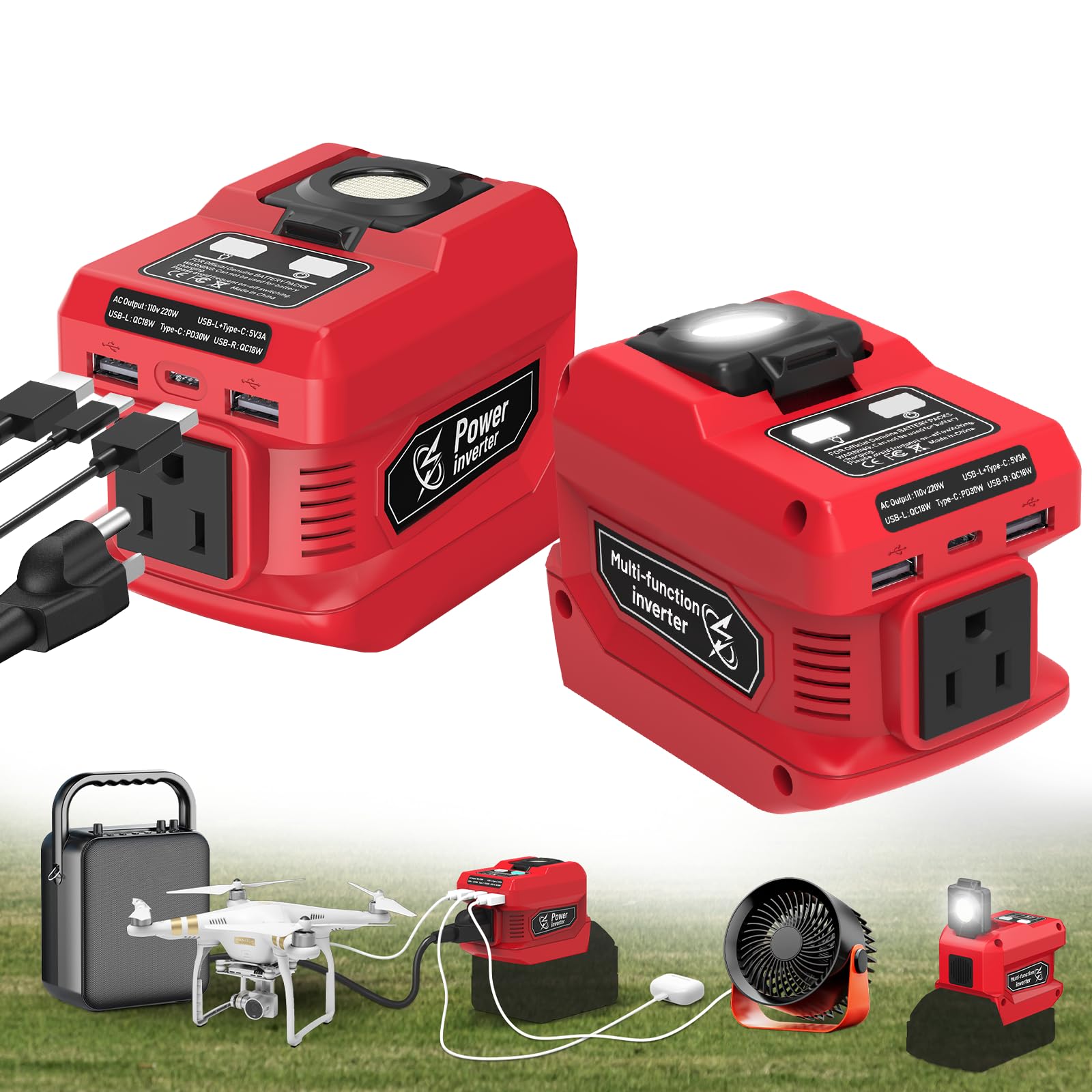 220W Power Inverter Compatible with Milwaukee 18V Battery, DC 18V to AC 110V Portable Power Station Generator with 1 AC Outlet, 2 USB Ports & 1 Type-C Fast Charging, 400LM LED Work Light (2-Pack)