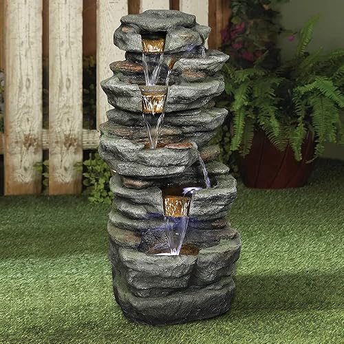 Miniatura 3 de Naturefalls Fuente de agua de roca de 32.6 pulgadas con luces LED, fuente de agua de poliresina de 6 niveles para exteriores, características de