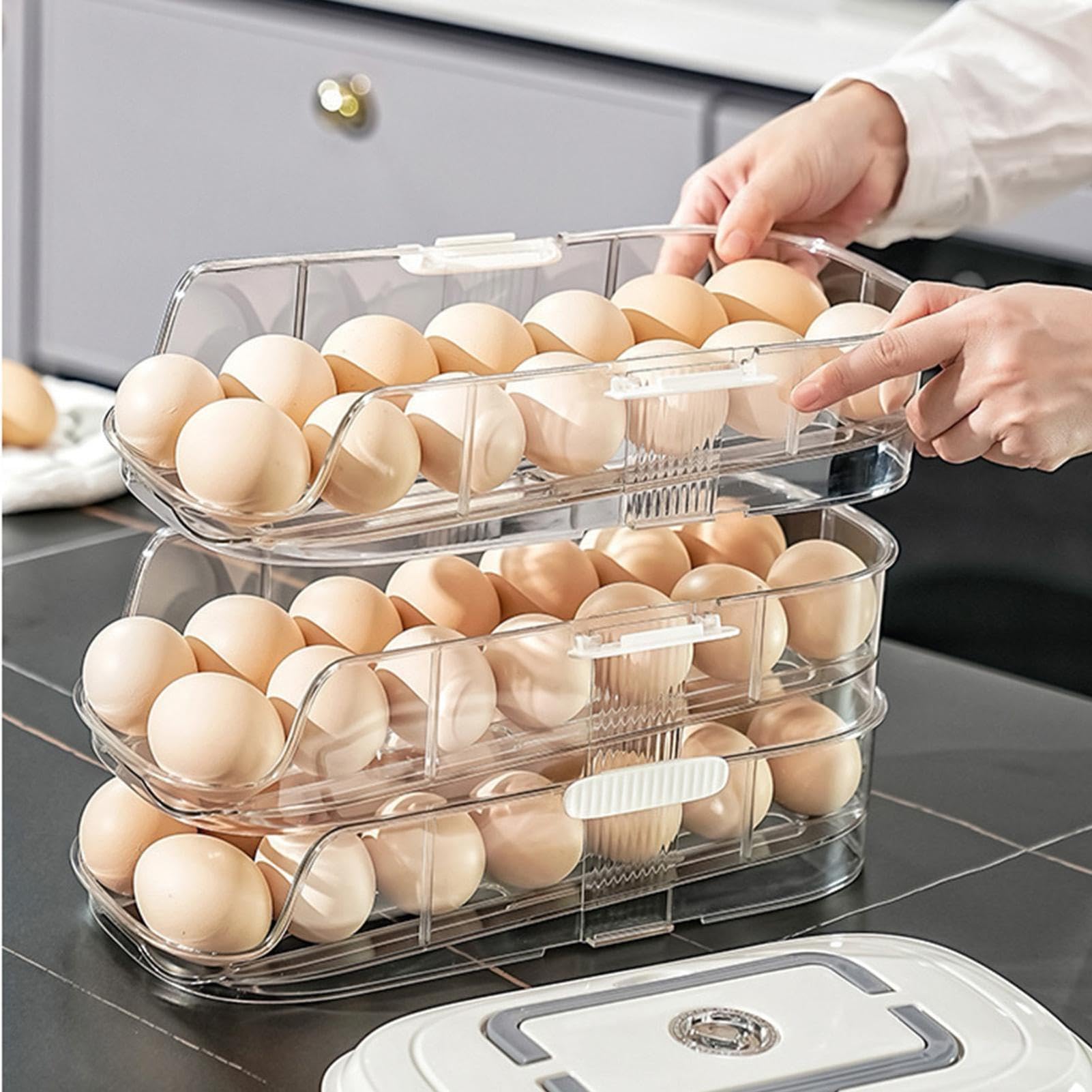 Soporte para huevos para frigorífico, 12,4 pulgadas, para huevos rodantes, bandeja dispensadora automática de ahorro de espacio para frigorífico, organizador de huevos de 3 capas con apertura