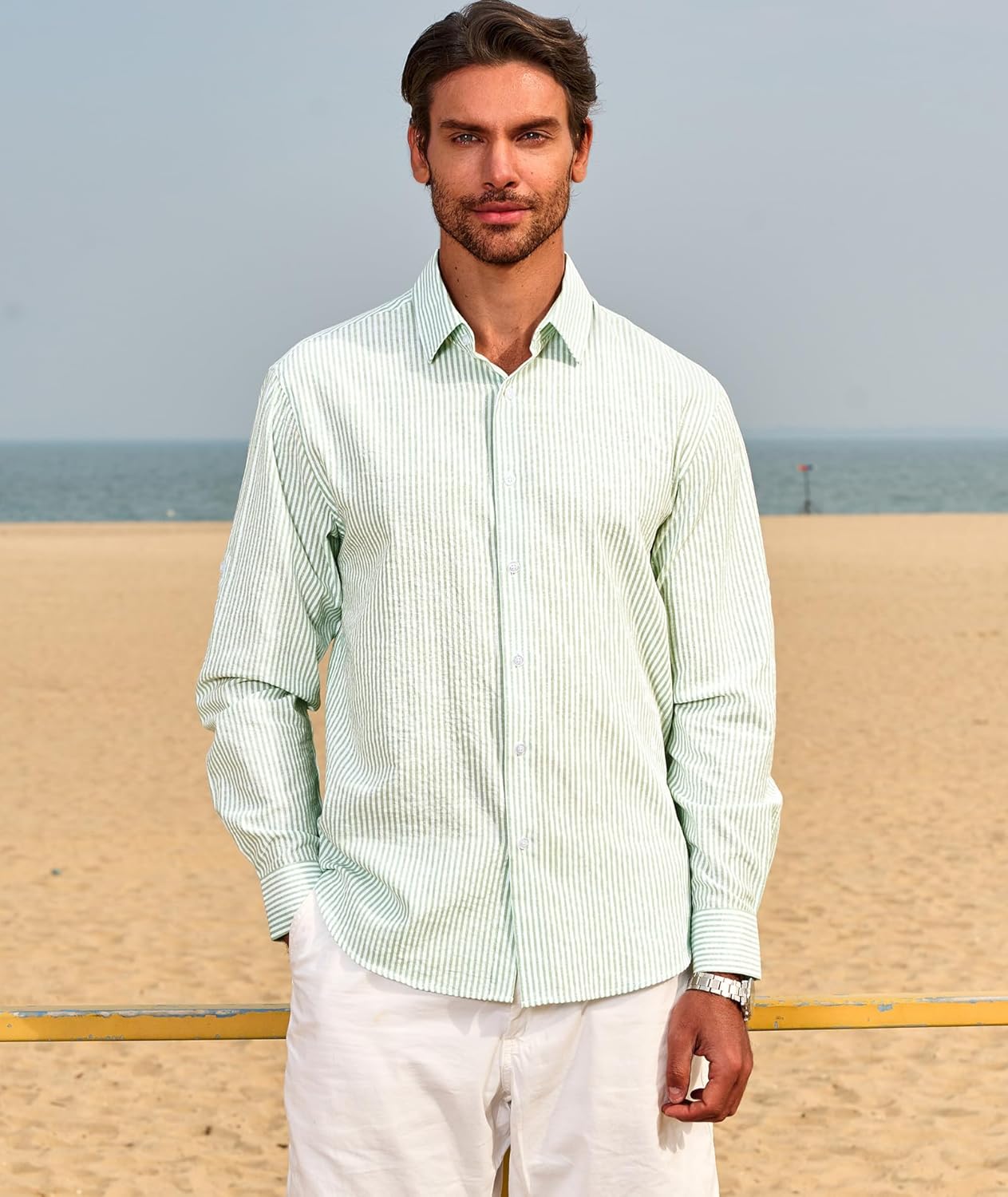 Deer Lady Mens Long Sleeve Button Down Shirt Striped Casual Cotton Business Summer Beach Wedding Dress Shirts - Image 6