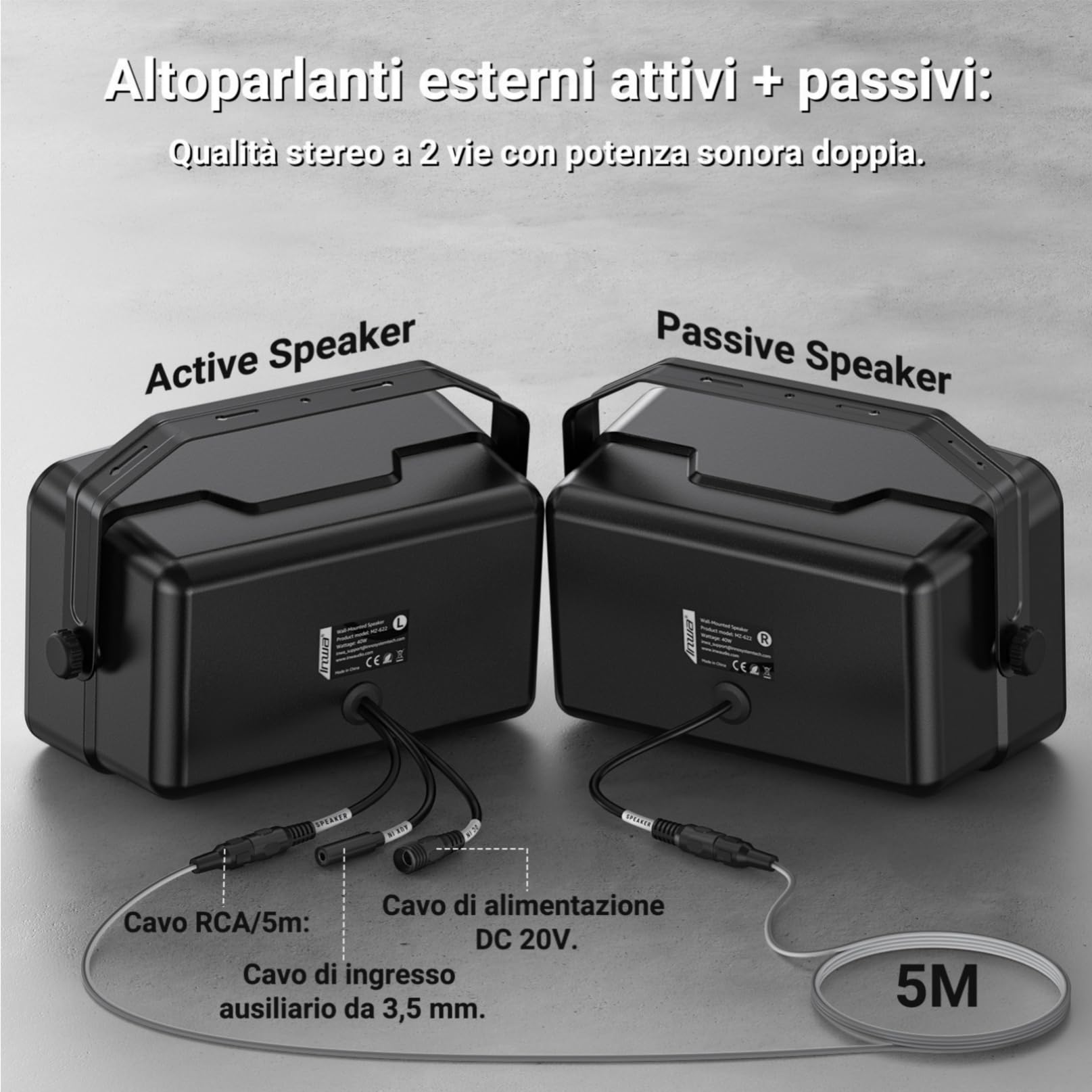 Inwa Cassa Bluetooth Esterno 400W Speaker Parete Attivo-Passivo Sistema Audio Stereo Wireless Impermeabile 2 Pezzi MZ622