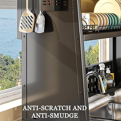 Miniatura 8 de HEIMP Estante de drenaje organizador de almacenamiento con tapa, escurridor de platos sobre el fregadero, escurridor de fregadero para suministros