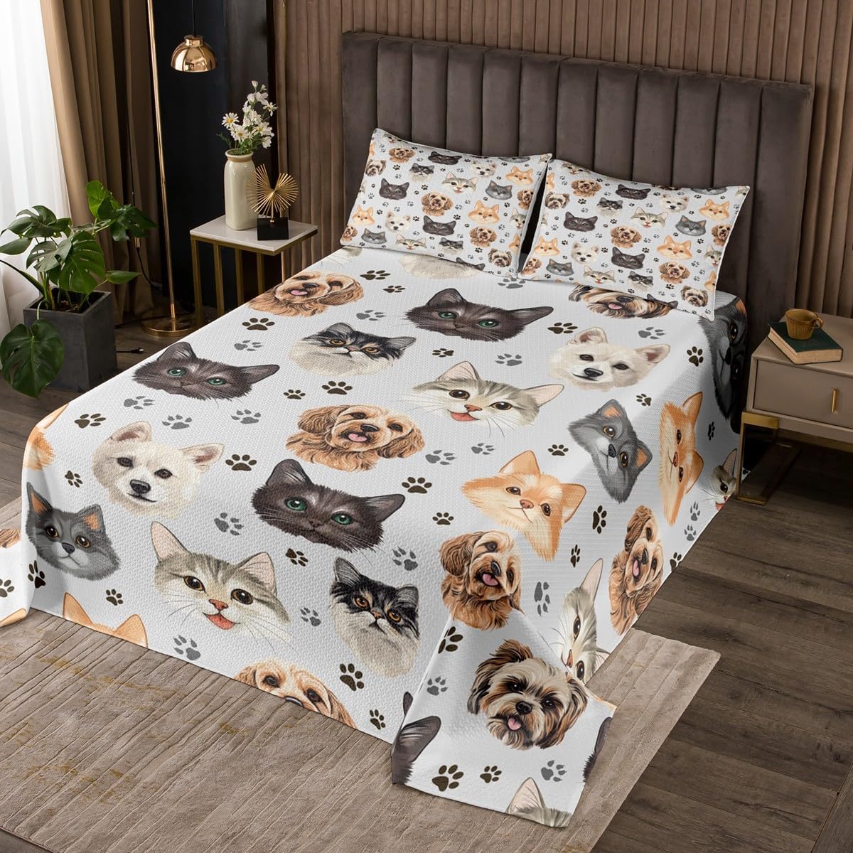 Homewish Cat Dog Bedding Set Full Size,Animal Paws Footprint Bedspread for Kids Boys Girls Room Decor,Cartoon Pet Animal Quilt 3Pcs,Cute Puppy Kitten Microfiber Coverlet Set,2 Pillowcases