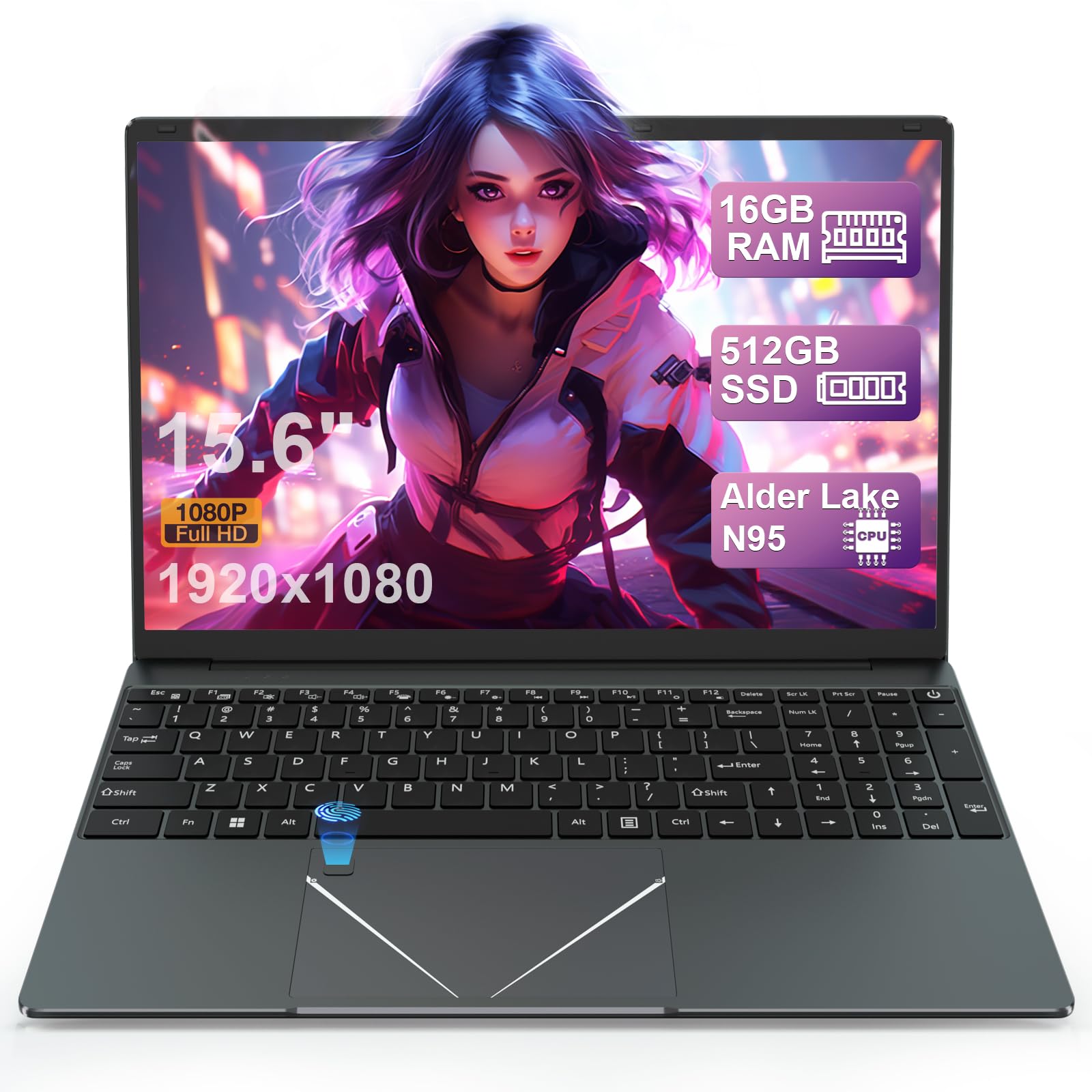 15,6" Ordenador portátil FHD Alder Lake-N95 (hasta 3,4 GHz), PC portatil con 16 GB de RAM LPDDR4 y SSD de 512 GB, Laptop con Touch ID, WiFi 5/Bluetooth 4.2/USB 3.0/Mini HDMI/Webcam