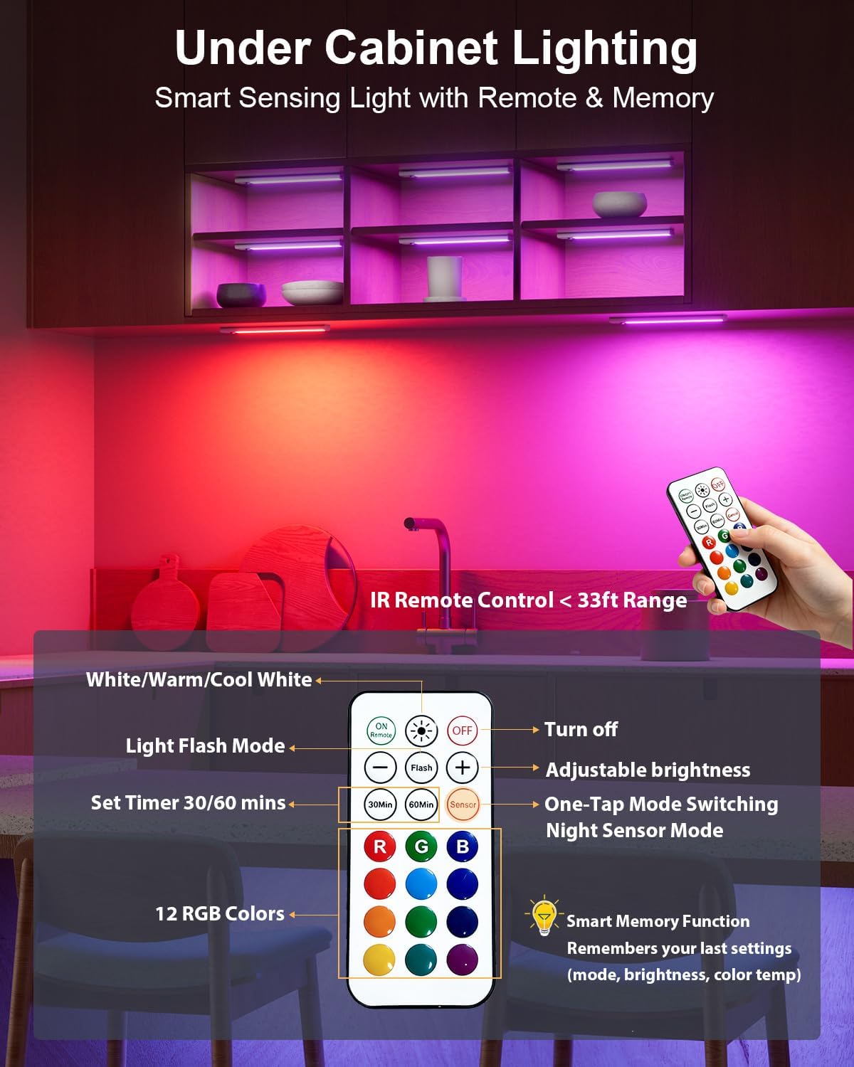 Under Cabinet Lighting, 96-LED RGB Under Counter Lights for Kitchen, 2 Pack | Motion Sensor Light Indoor, 2000mAh Battery, Remote Dimming & Timer, Rechargeable, For Kitchen Closet Hallway