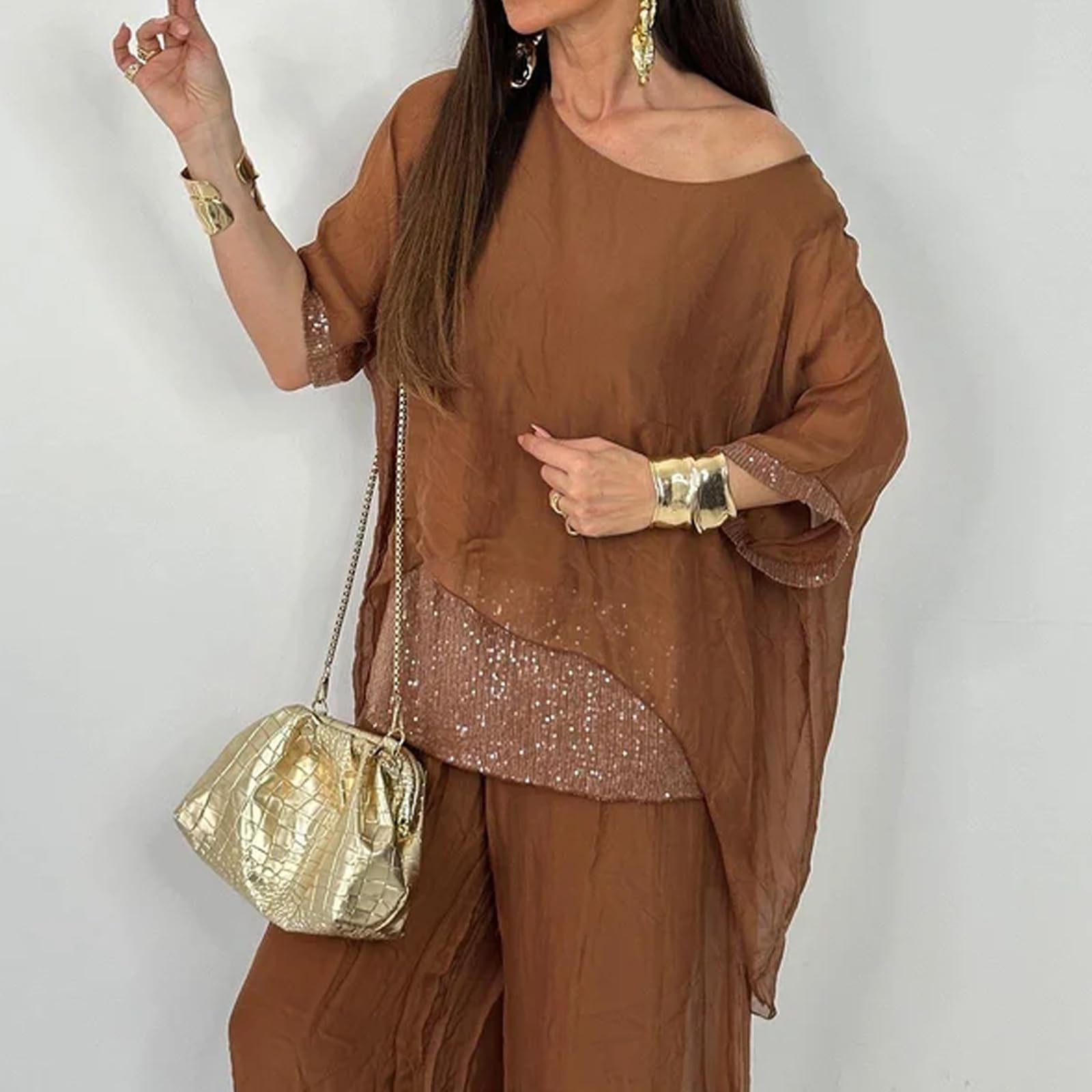2024 Sommer-Chiffon-Pailletten, lässiger Anzug für Damen, elegante Chiffon-Hose mit weitem Bein, zweiteiliges Set, Hosenanzüge für Damen, Hochzeit