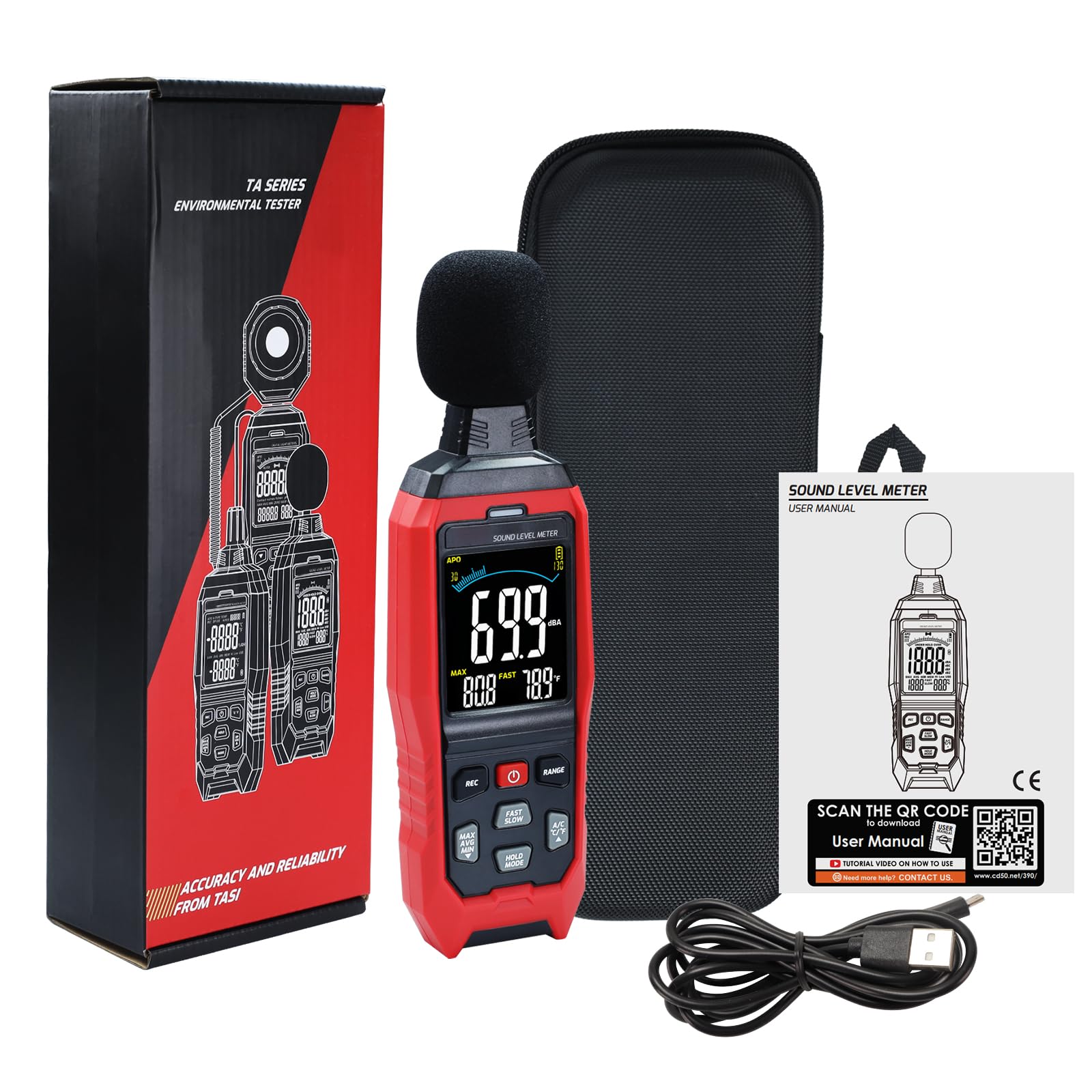 Decibel Datenmessgerät, großer LCD-Schallpegelmesser, A/C/Z Rauschmesser, Hochpräzises Tonmessgerät mit akustischem visuellen Alarm, schnelle / langsame Temperatur-Datenaufnahme