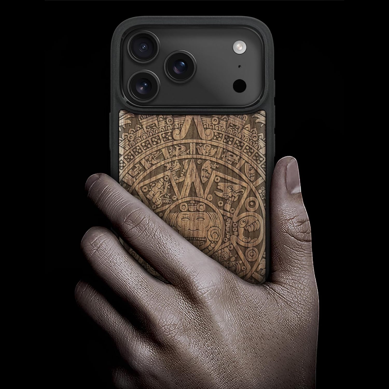 Carveit Magnetic Wooden Case for iPhone 17 Pro Max Case, Wood Artisan Engraved & Black Soft TPU Shockproof Cover, Compatible with MagSafe Wireless Chargers (The Maya Calendar) Walnut