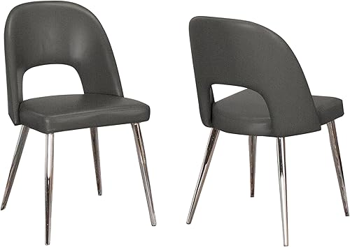 Sunset Trading Mia - Silla de comedor de piel sintética  Patas cónicas plateadas de cromo pulido  Asiento acolchado gris carbón con respaldo abierto
