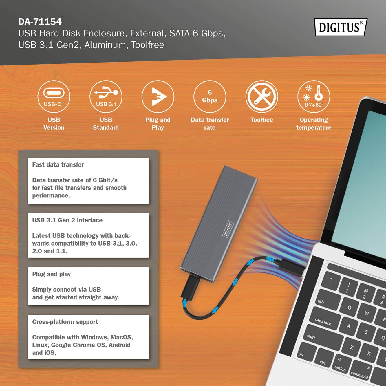 DIGITUS alloggiamento esterno M.2 - USB 3.1 Gen2 Type-C - 6 Gbit/s - Supporta SSD SATA fino a 8 TB - per SSD 2230/2242/2260/2280 con B-Key - Senza attrezzi - Alloggiamento in alluminio - Grigio